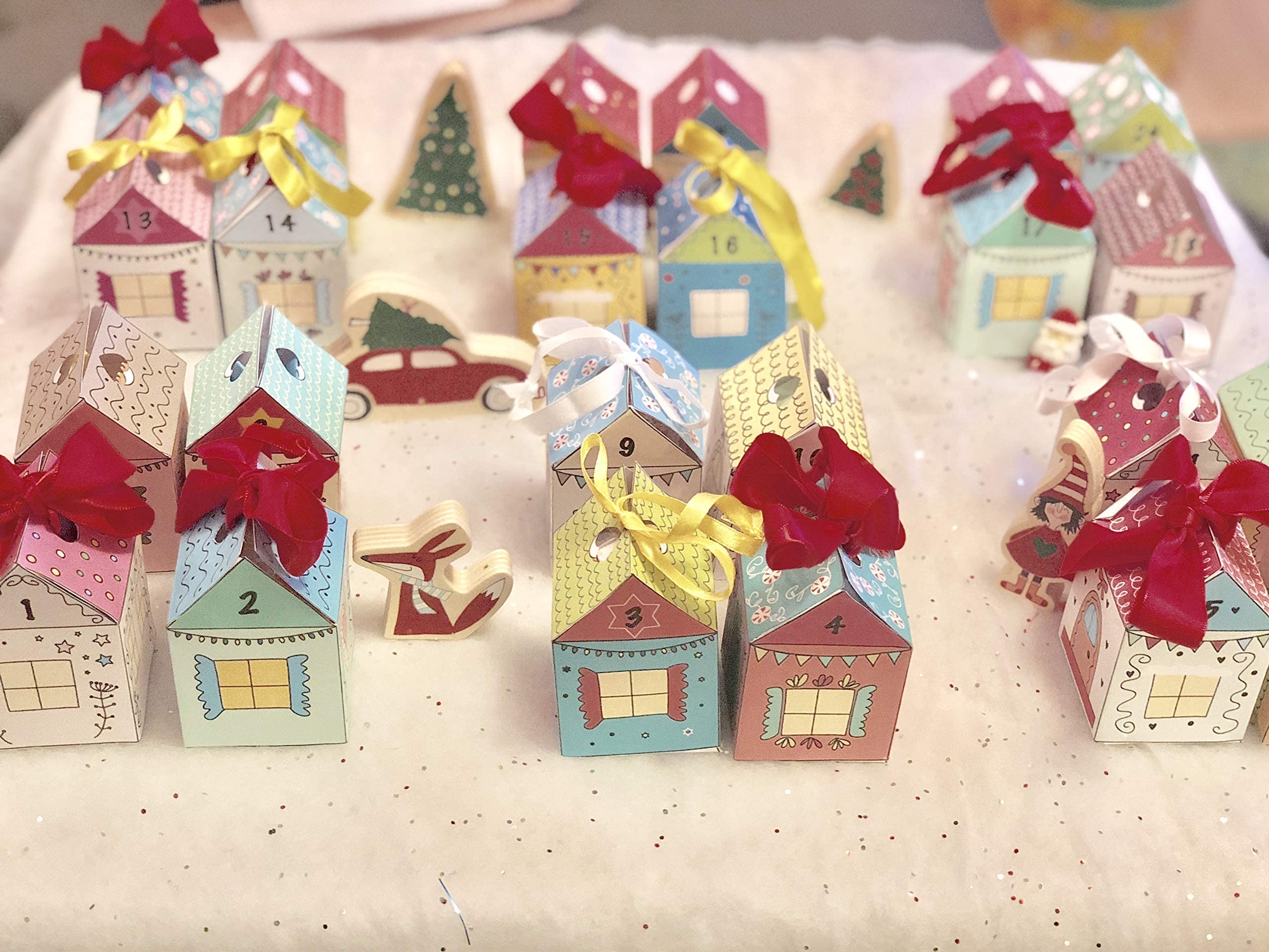 Creativemango Diy Advent Calendar Kit. Christmas Village. 24 Christmas Houses. Includes 24 Fold-N-Glue Houses + Ribbons.