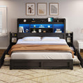 AMERLIFE King Size Bed Frame with 4 Storage Drawers, LED Bed Frame with 49.6 Tall Bookcase Headboard, Wood Platform Bed with Cha