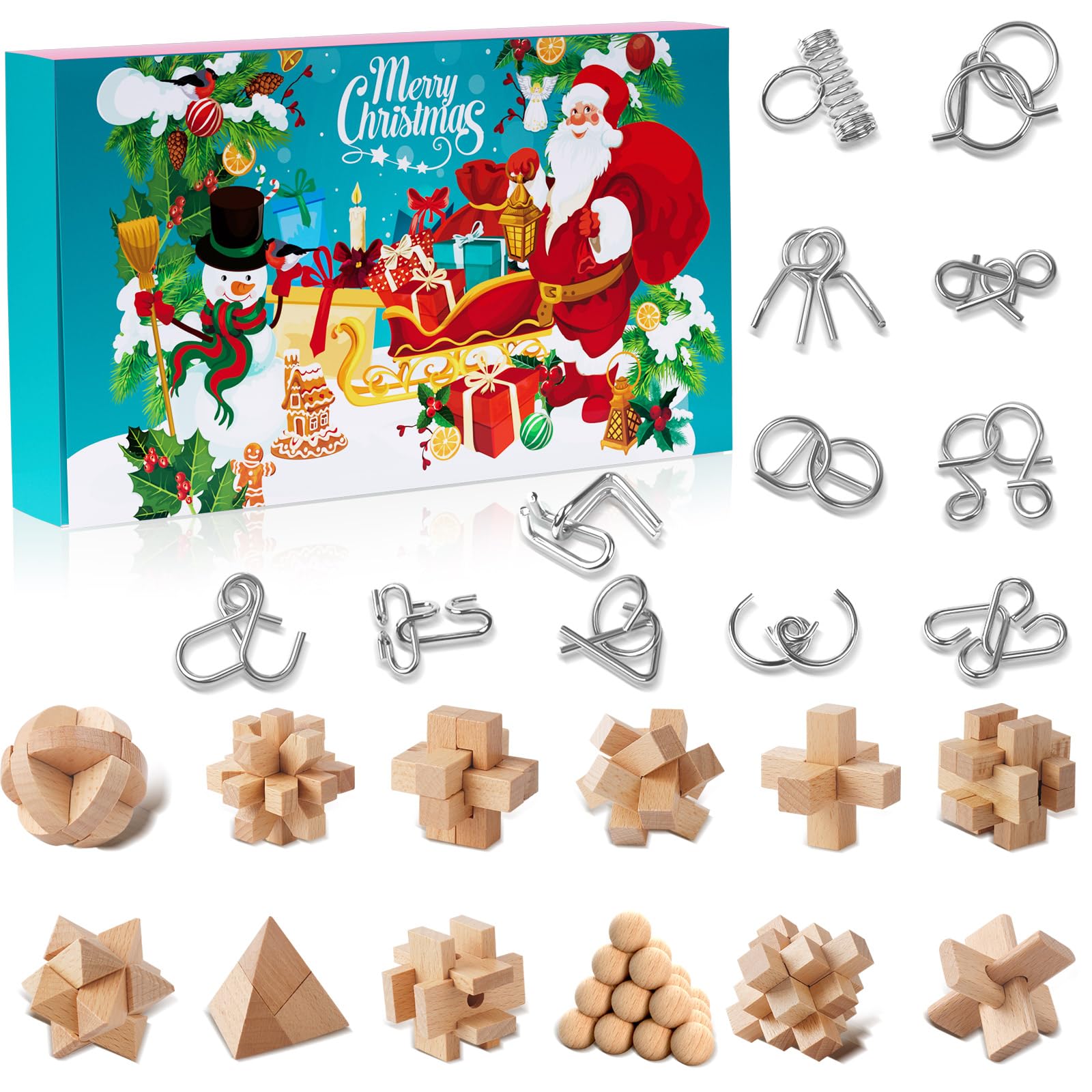 Brain Teaser Advent Calendar 2024 for Kids - 24 Days of Christmas Countdown Calendar With 3D Metal and Wooden Puzzle Toys-Mind,I