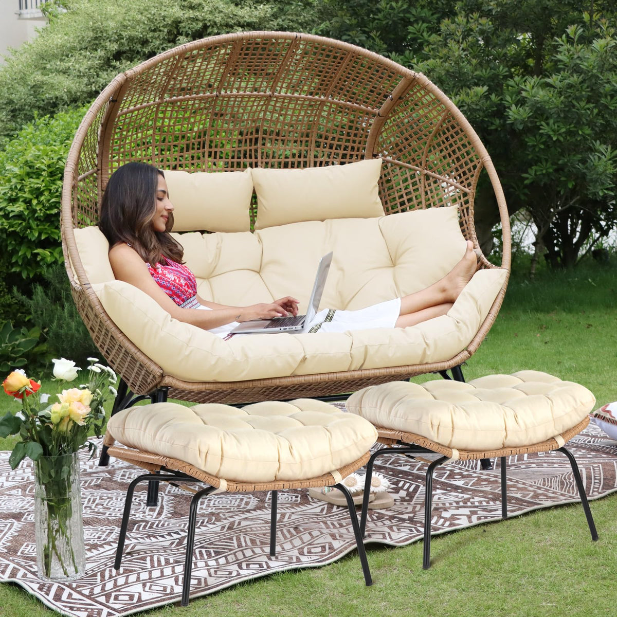 Nicesoul Modern Double Egg Chair With Footrest & Padded Cushions, 2 Person Wide Wicker Lounge Chair With Deep Seating, Extra Large Stationary Loveseat Cozy Cream Chairs For Inside Outside Xmas Gift