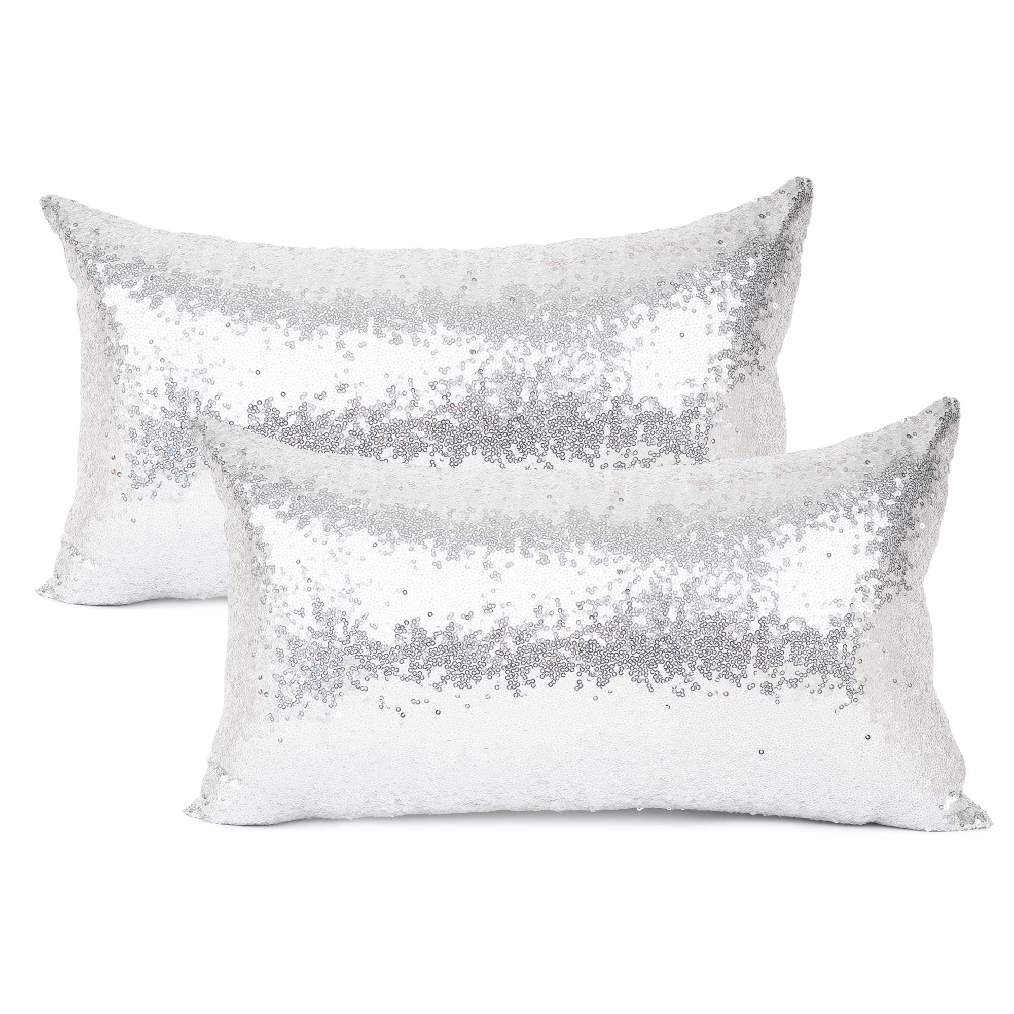 Your Smile Pack Of 2, New Luxury Series Solid Color Silver Decorative Glitzy Sequin & Comfy Satin Throw Pillow Cover Cushion Cas