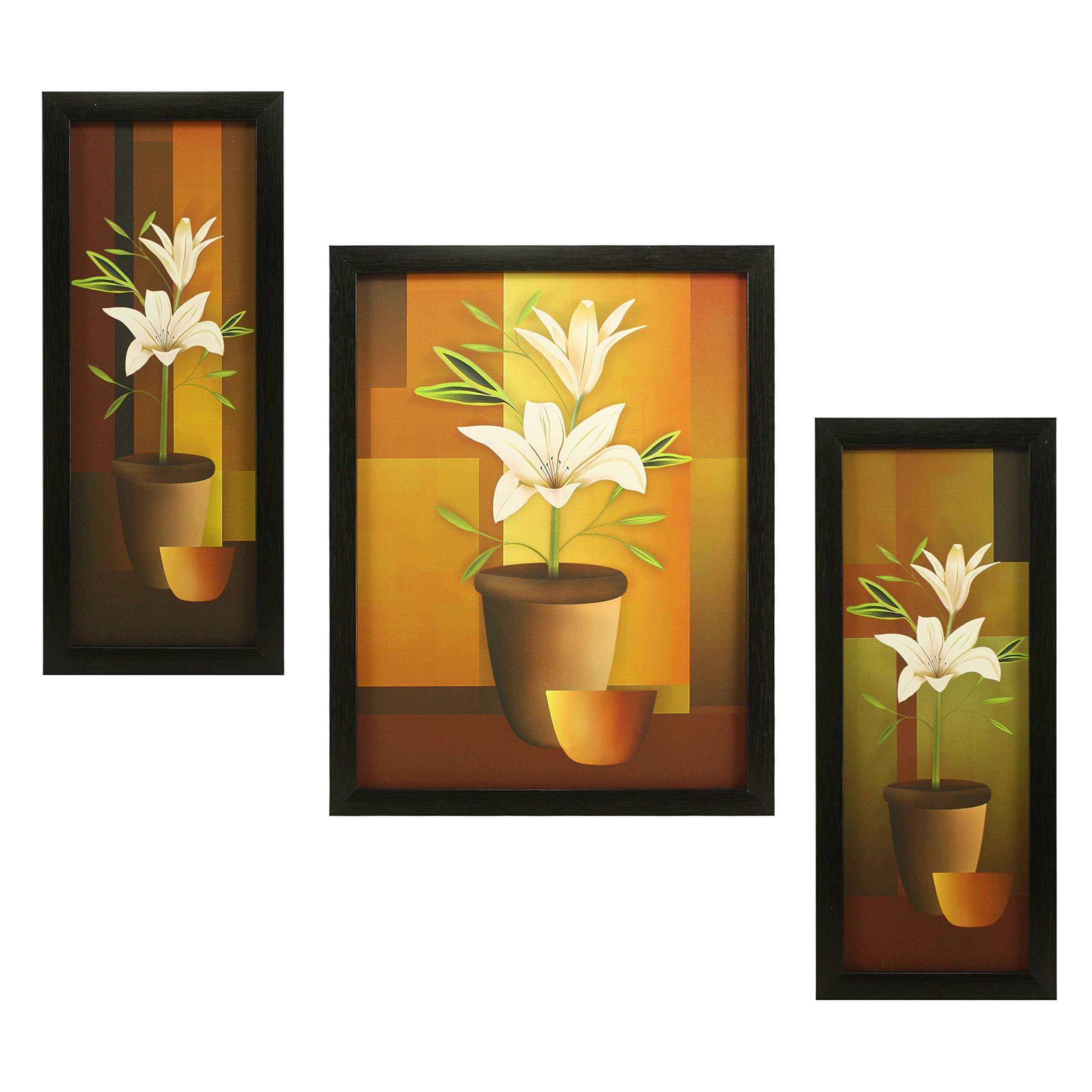 Indianara 3 Pc Set Of Floral Paintings Without Glass 5.2 X 12.5, 9.5 X 12.5, 5.2 X 12.5 Inch