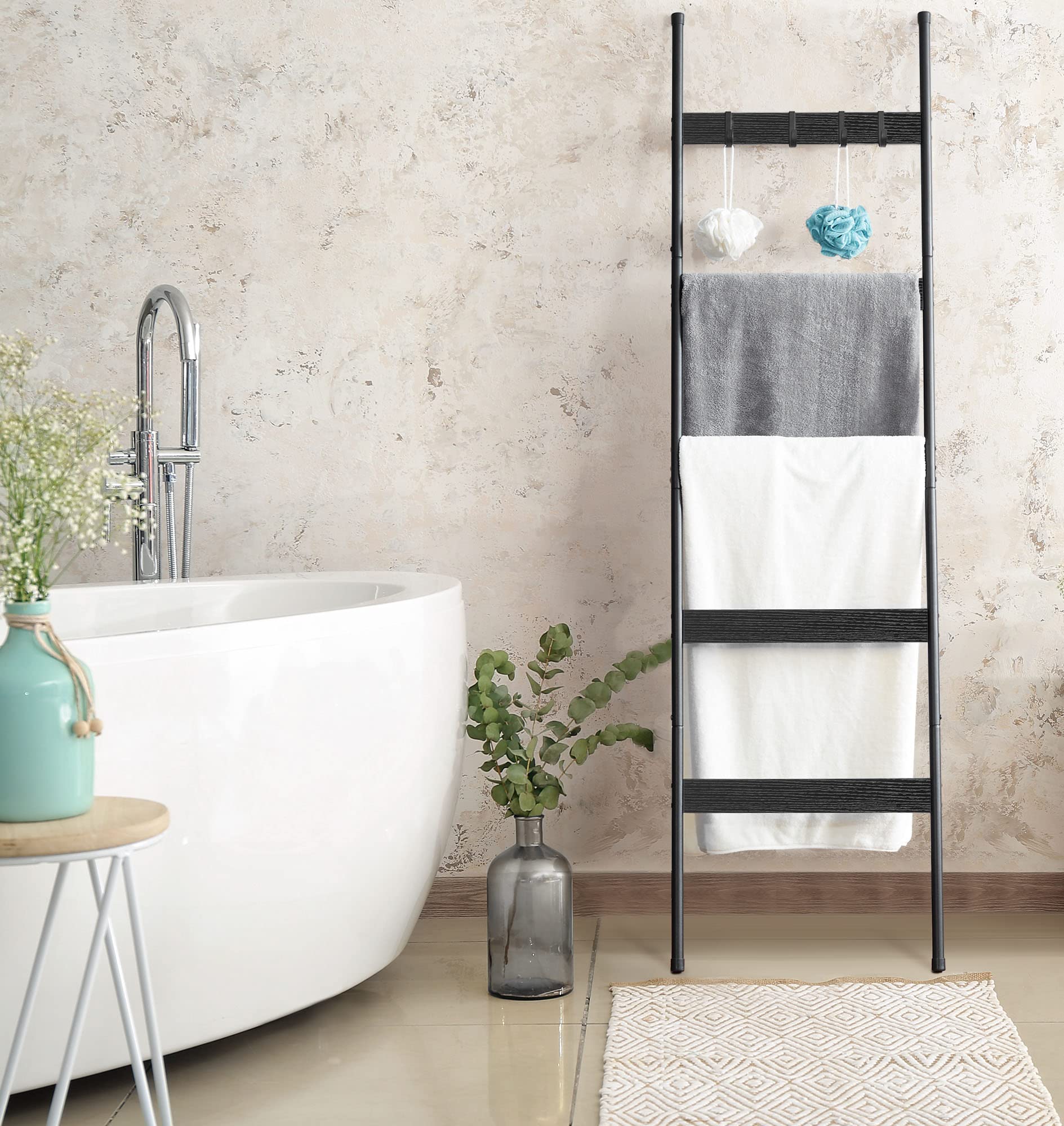 Elyken Blanket Ladder For Living Room, Farmhouse 5 -Tier Quilt Holder With 4 Removable Hooks For Bathroom, Wood Towel Rack Displ