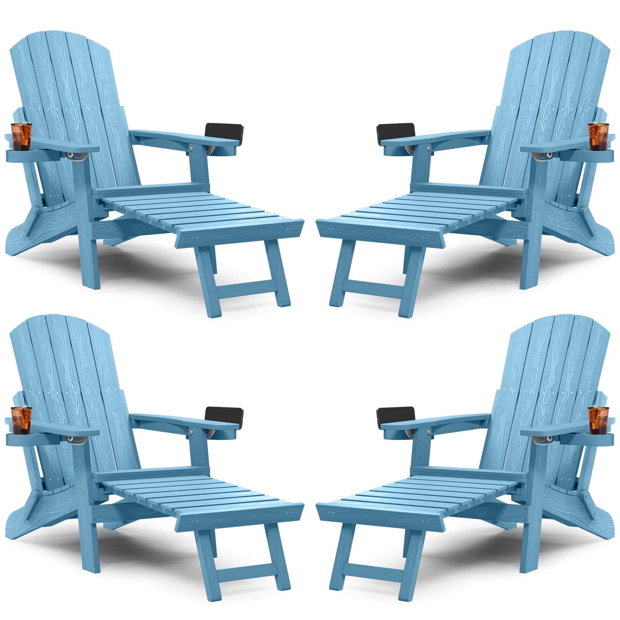 Yefu Adirondack Chair With Ottoman Set Of 4, Adjustable Backrest Adirondack Chairs, Folding Outdoor Fire Pit Chair With 2 Cup-Holders, Weather Resistant For Patio Lawn Garden Pool, 380Lbs (Blue)