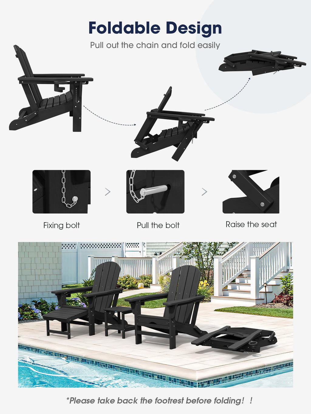 Kingyes Folding Adjustable Adirondack Chair With Retractable Ottoman Set Of 2, Hdpe Oversized Outdoor Chair With Cup Holder, Wood-Like Reclining Versatile Adirondack Chair, Black