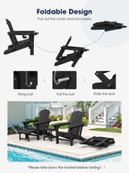 Kingyes Folding Adjustable Adirondack Chair With Retractable Ottoman Set Of 2, Hdpe Oversized Outdoor Chair With Cup Holder, Wood-Like Reclining Versatile Adirondack Chair, Black