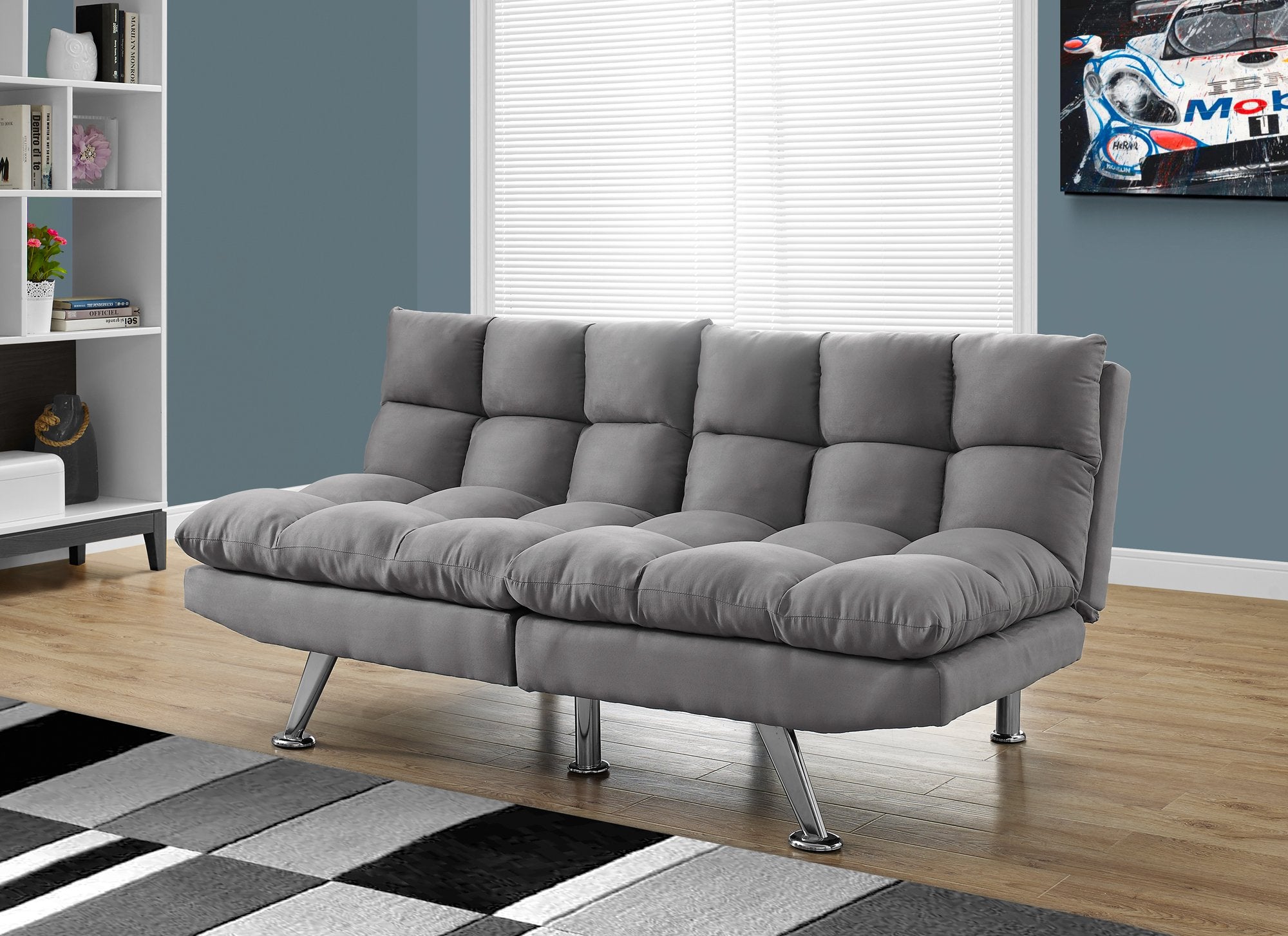 Monarch Specialties Split Back Click Clack Light Grey Micro Suede Futon, 70'L x 23'D x 33'H