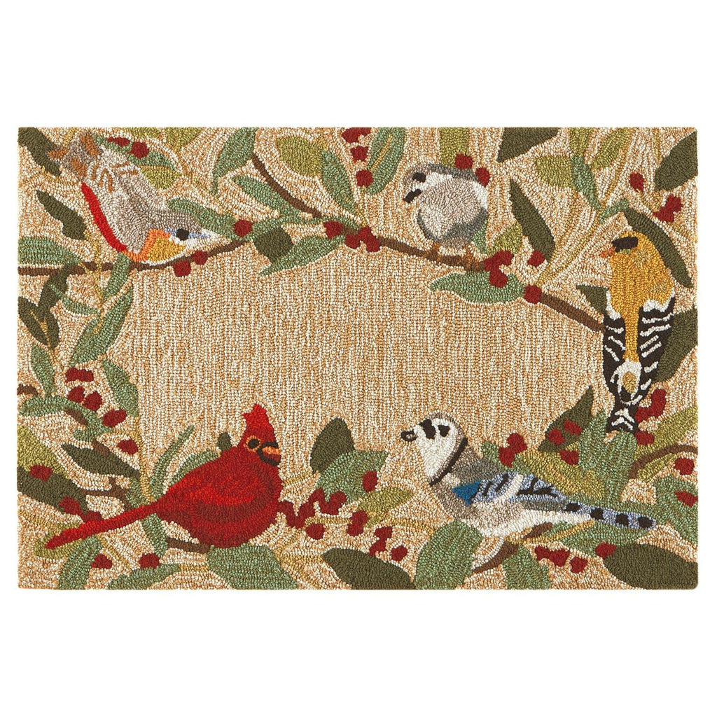 Liora Manne Frontporch Indoor Outdoor Rug - Novelty Design, Hand Hooked, Weather Resistant, Uv Stabilized, Foyers, Porches, Patios & Decks, Bird Border Natural, 3' Round