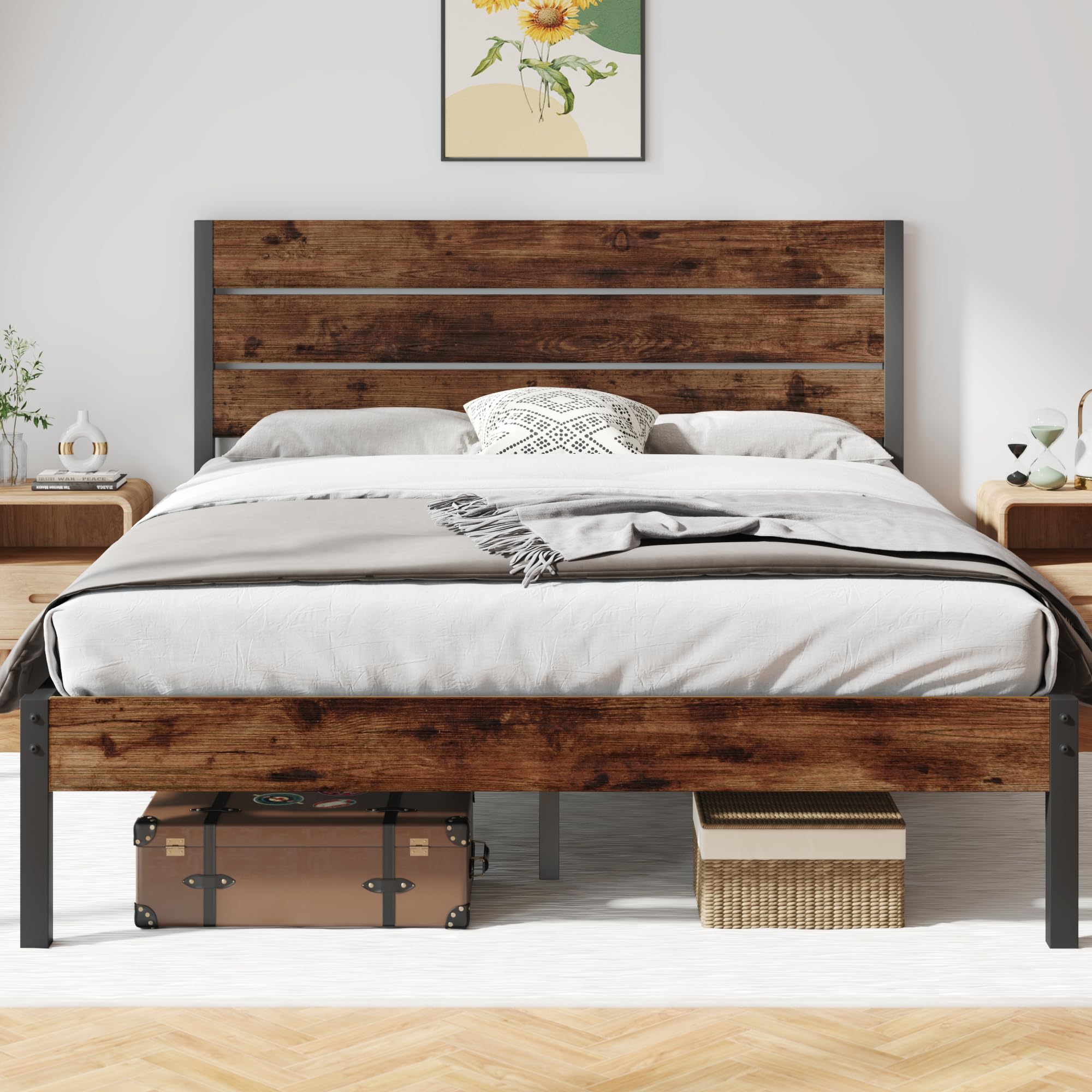 Fluest Queen Bed Frame With Headboard And Footboard, With Under Bed Storage, All-Metal Support System, No Box Spring Needed, Easy Assembly,Rustic Brown