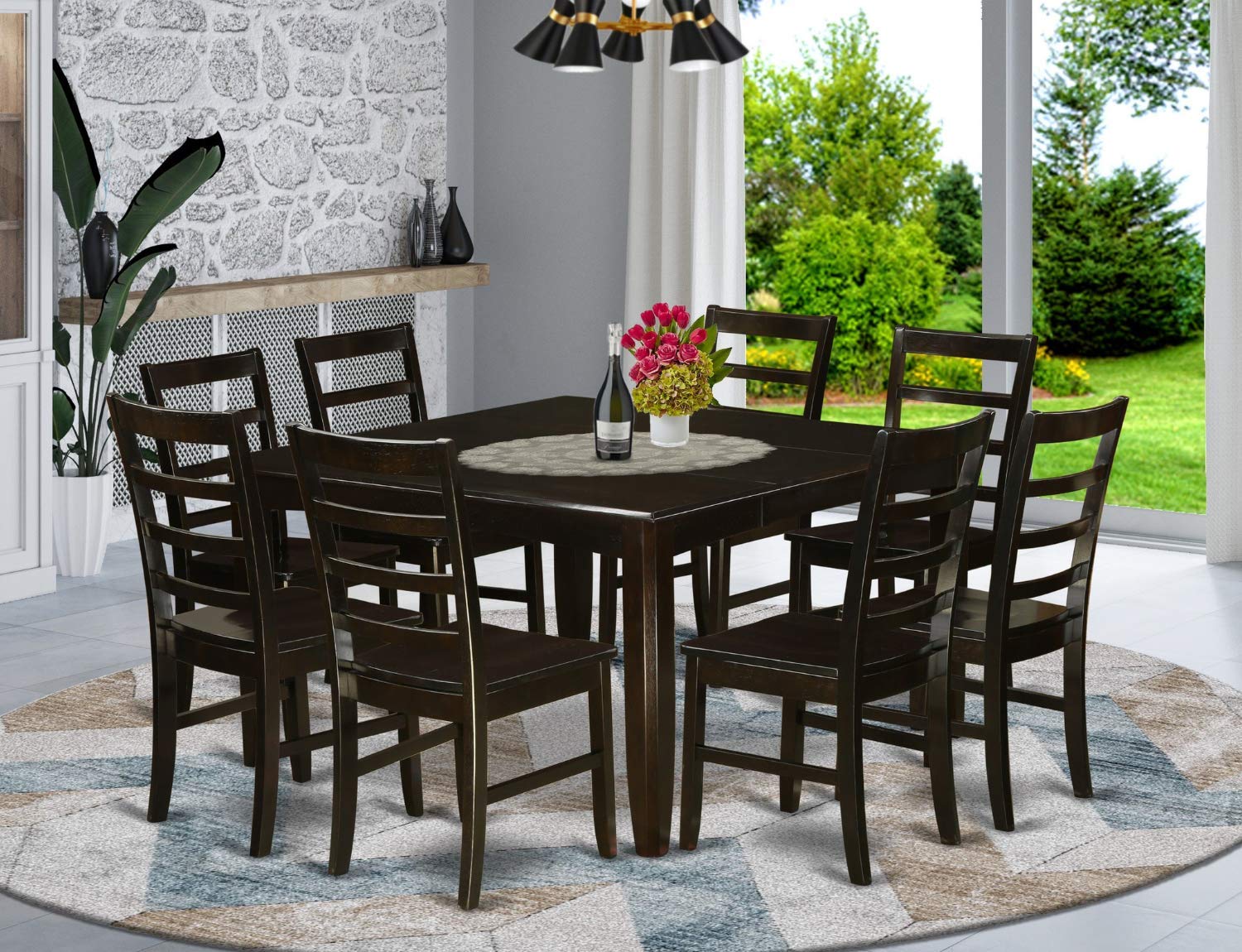 East West Furniture PARF9-CAP-W 9 Piece Modern Set Includes a Square Wooden Table with Butterfly Leaf and 8 Kitchen Dining Chairs, 54x54 Inch