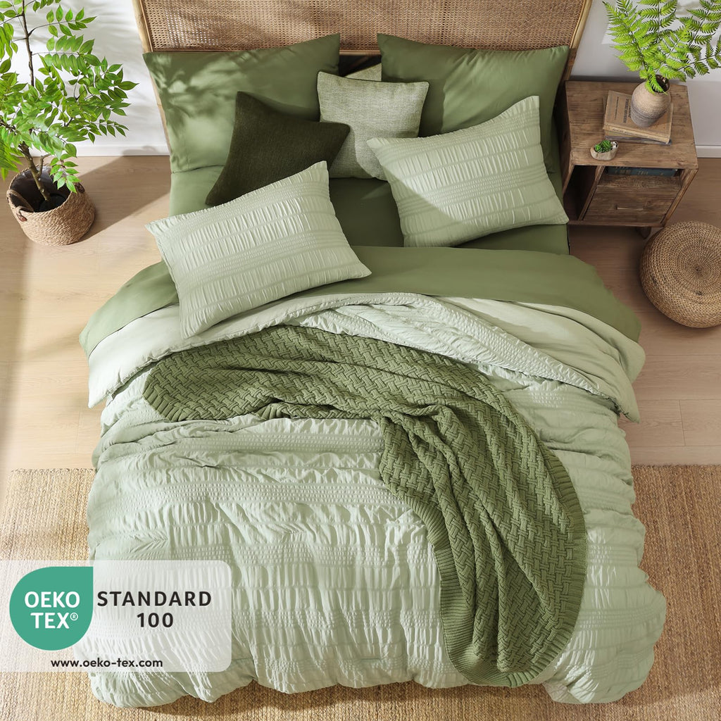 Casaagusto Full Size Comforter Set, 7 Pieces Sage Green Seersucker Bed In A Bag Full Size Soft All Seasons, Bedding Sets Full Wi