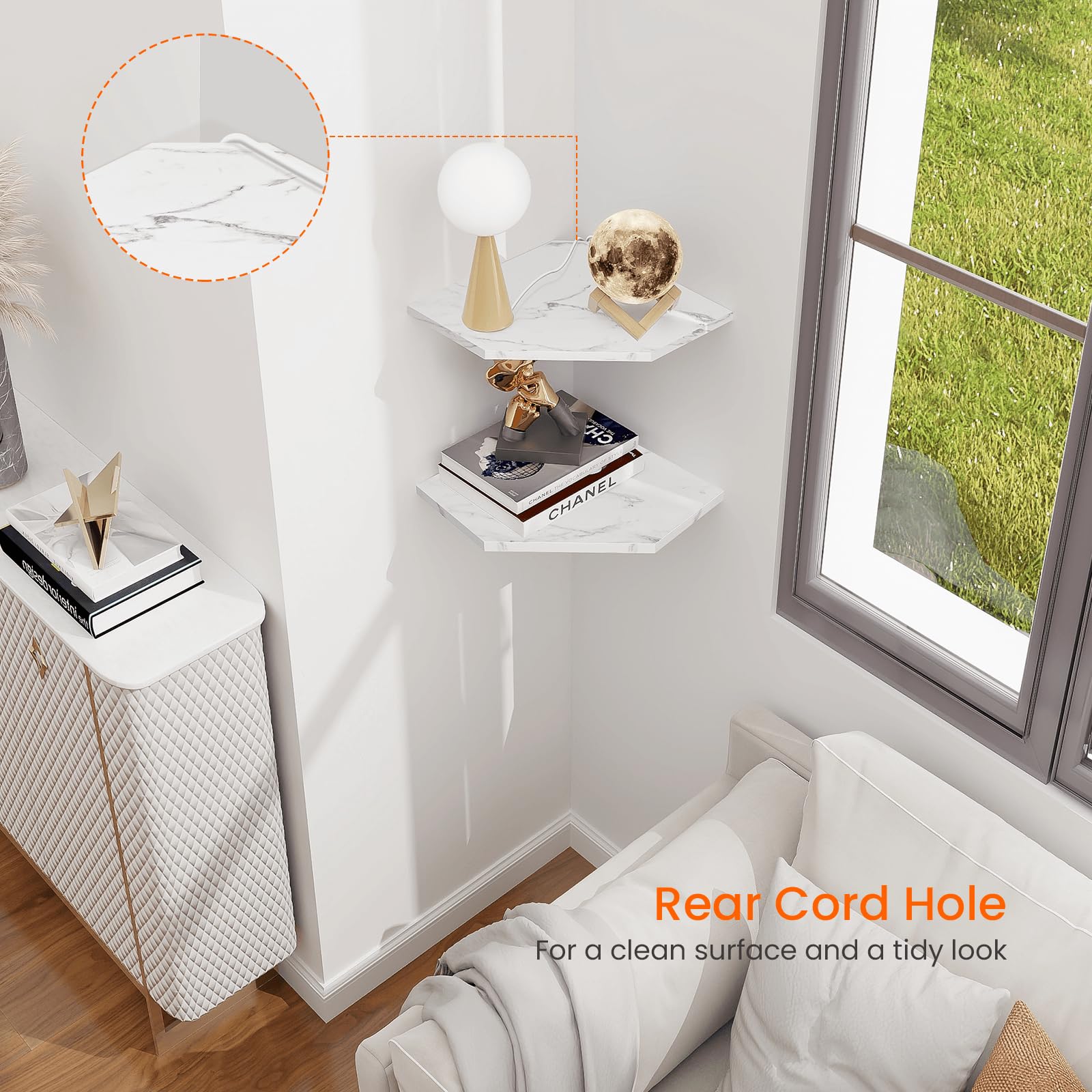 Homode Corner Wall Shelf, Set Of 2 Floating Corner Shelves With Wire Hole, 2 Tier Wooden Hanging Display Shelf For Bathroom Bedroom Kitchen, White Marble