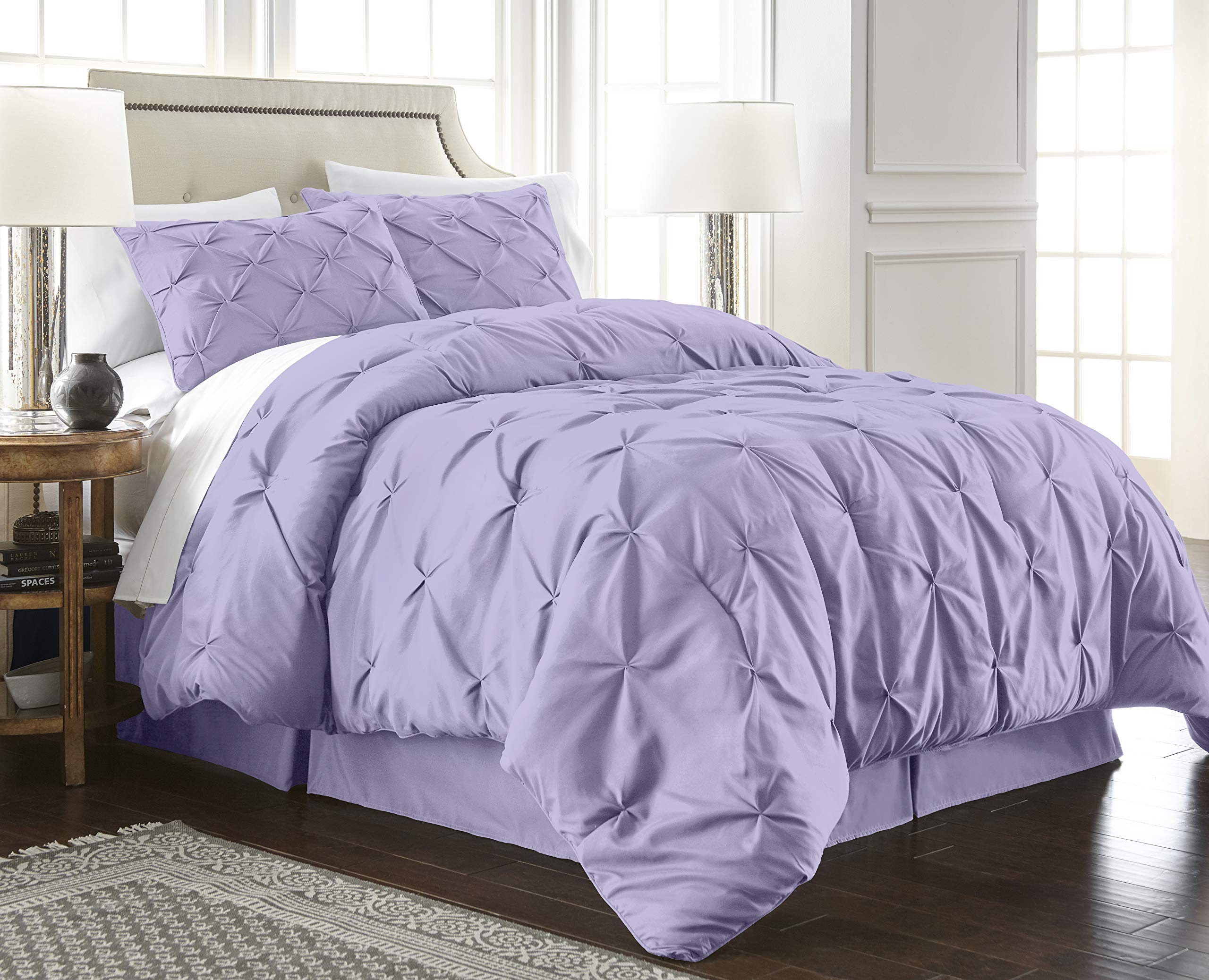 Chezmoi Collection Berlin 3-Piece Pintuck Pinch Pleat Bedding Comforter Set (King, Lavender)