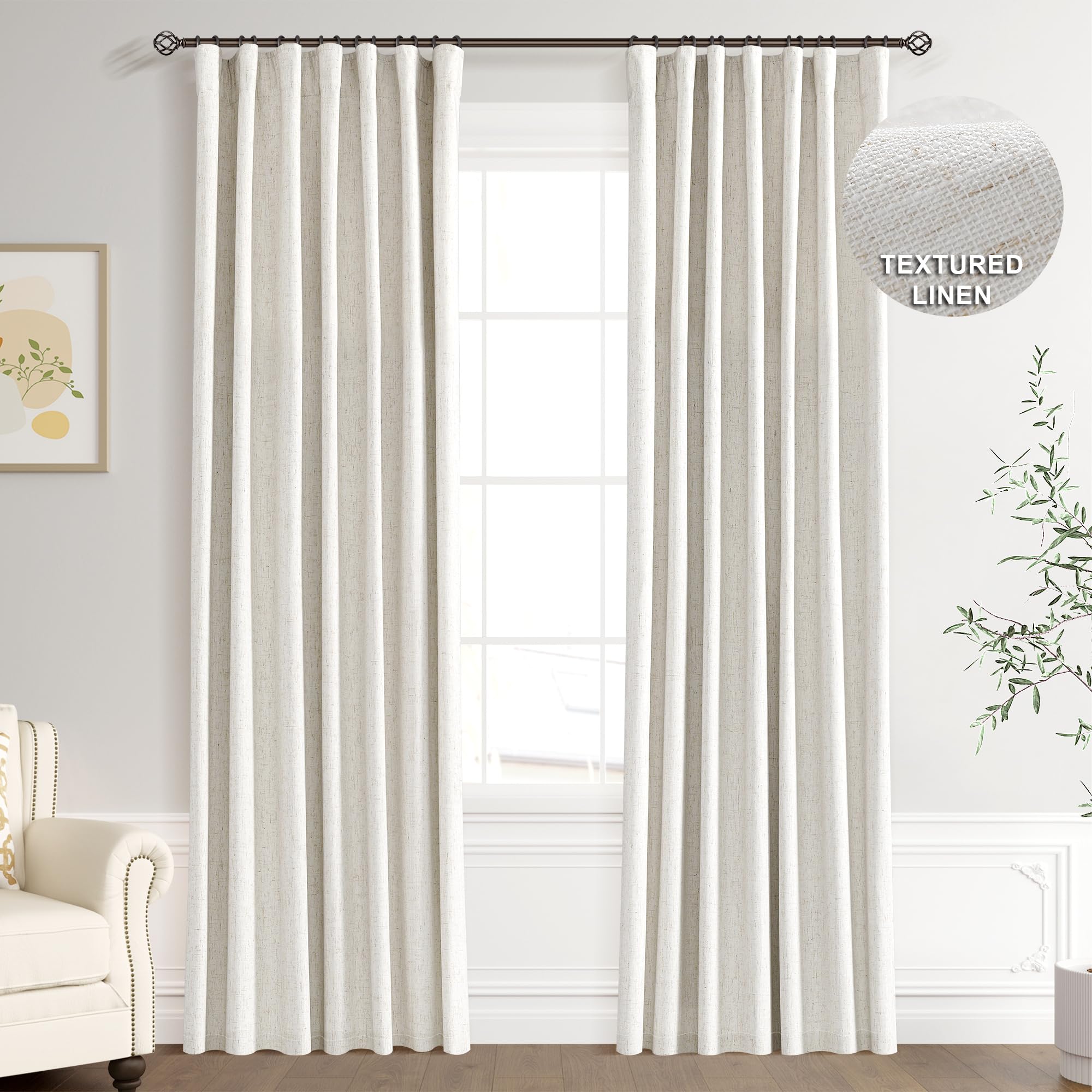 Joywell Linen 100% Blackout Curtains 96 Inches Long, Rod Pocket/Back Tab/Hook Belt/Clip Rings, Sun Light Blocking Drapes Boho For Bedroom Living Room Sliding Door (2 Panels,52 X 96,Natural Beige)