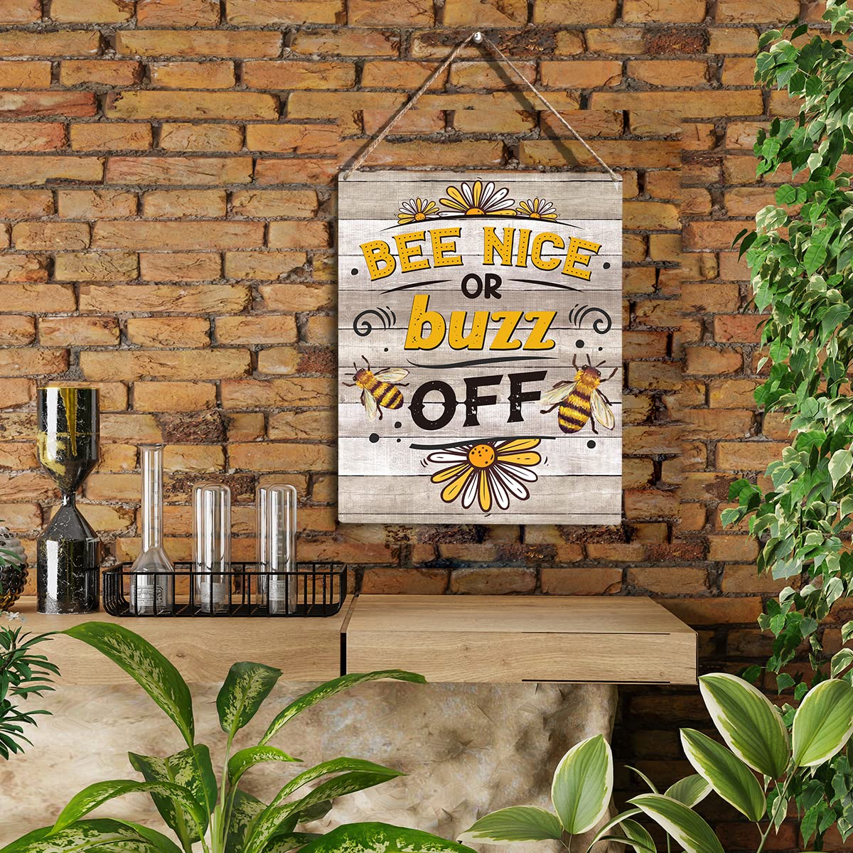 Bee Decor Bee Nice Or Buzz Off Wooden Hanging Sign Bee Kitchen Decor Rustic Farmhouse Decorations For Home Kitchen Sign 10X8 Inc