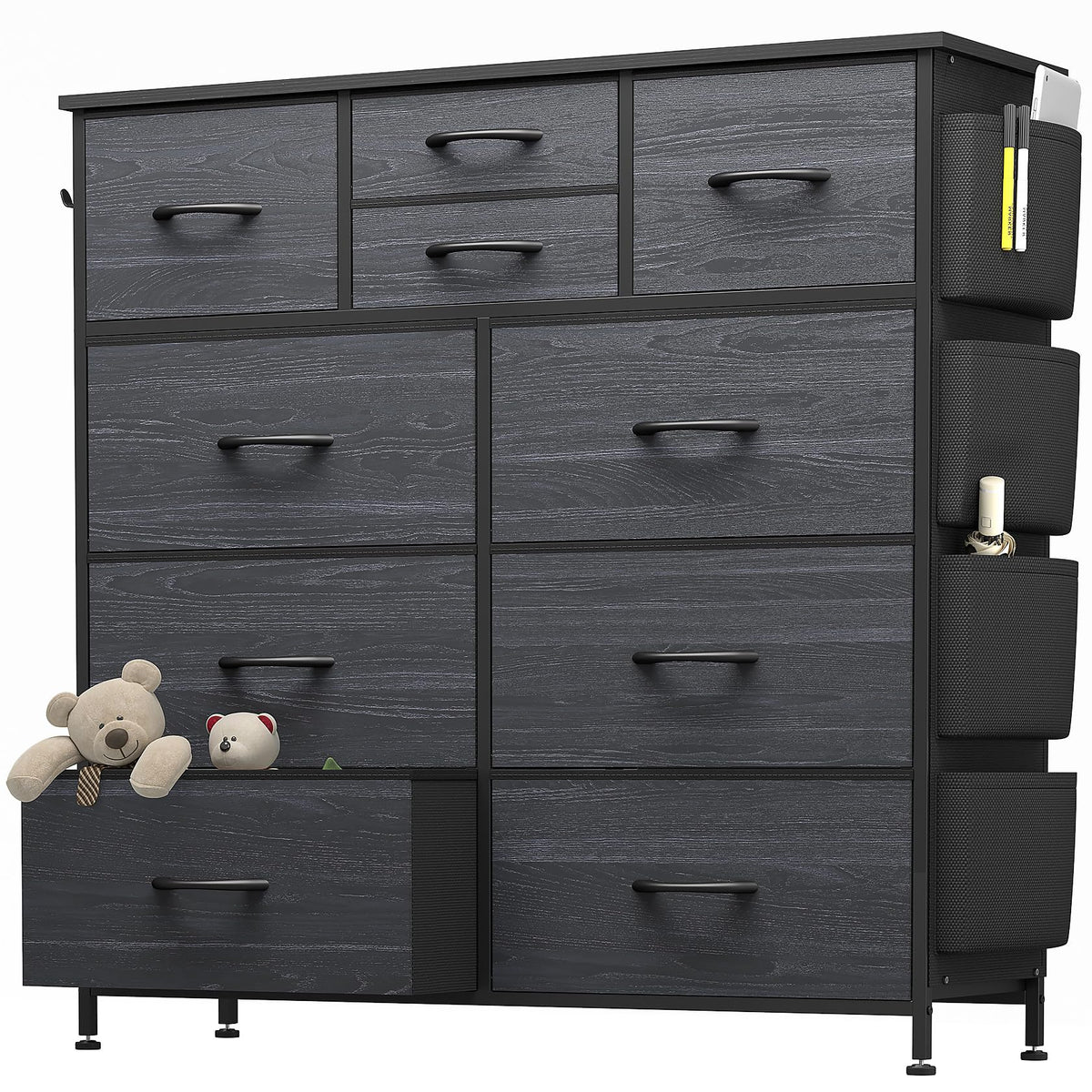 YaFiti Dresser for Bedroom with 10 Drawers, Chest of Drawers with Side Pockets, Hooks, Wooden Top and Sturdy Metal Frame, Fabric
