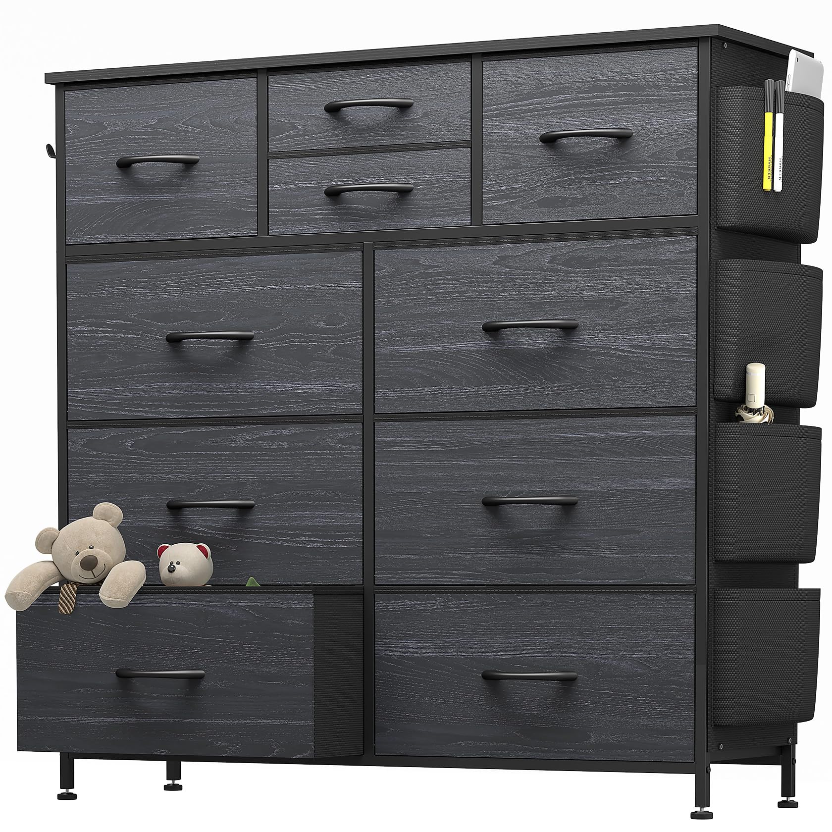 YaFiti Dresser for Bedroom with 10 Drawers, Chest of Drawers with Side Pockets, Hooks, Wooden Top and Sturdy Metal Frame, Fabric