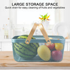 Macoior Portable Garden Harvest Basket-Mesh Design Natural Bamboo Handle Wire Storage Baskets,Mesh Basket With Handle Organize Items Reduce Space Occupation,Suitable For Kitchen,Garden,Picnic(Blue)