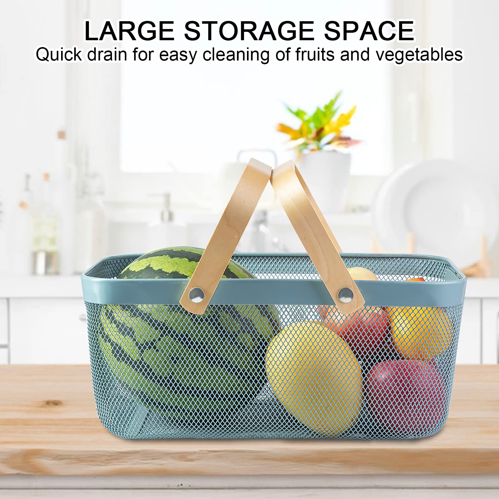 Macoior Portable Garden Harvest Basket-Mesh Design Natural Bamboo Handle Wire Storage Baskets,Mesh Basket With Handle Organize Items Reduce Space Occupation,Suitable For Kitchen,Garden,Picnic(Blue)