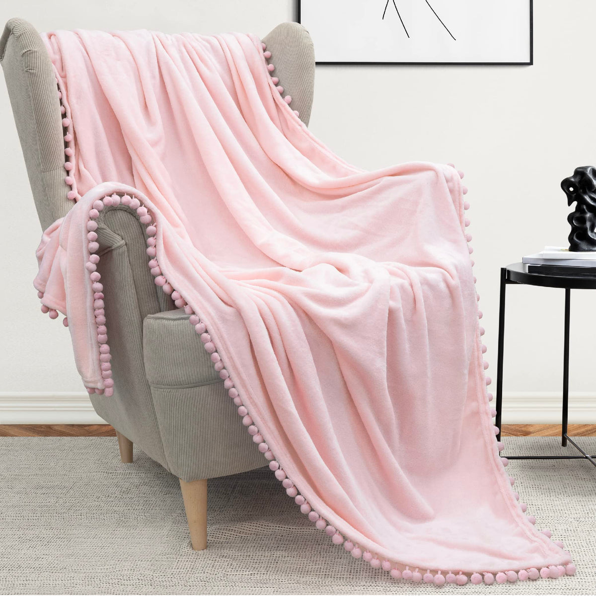 Pavilia Pom Pom Blanket Throw Twin, Light Pink | Soft Fleece Pompom Fringe Blanket For Couch Bed Sofa | Decorative Cozy Plush Wa