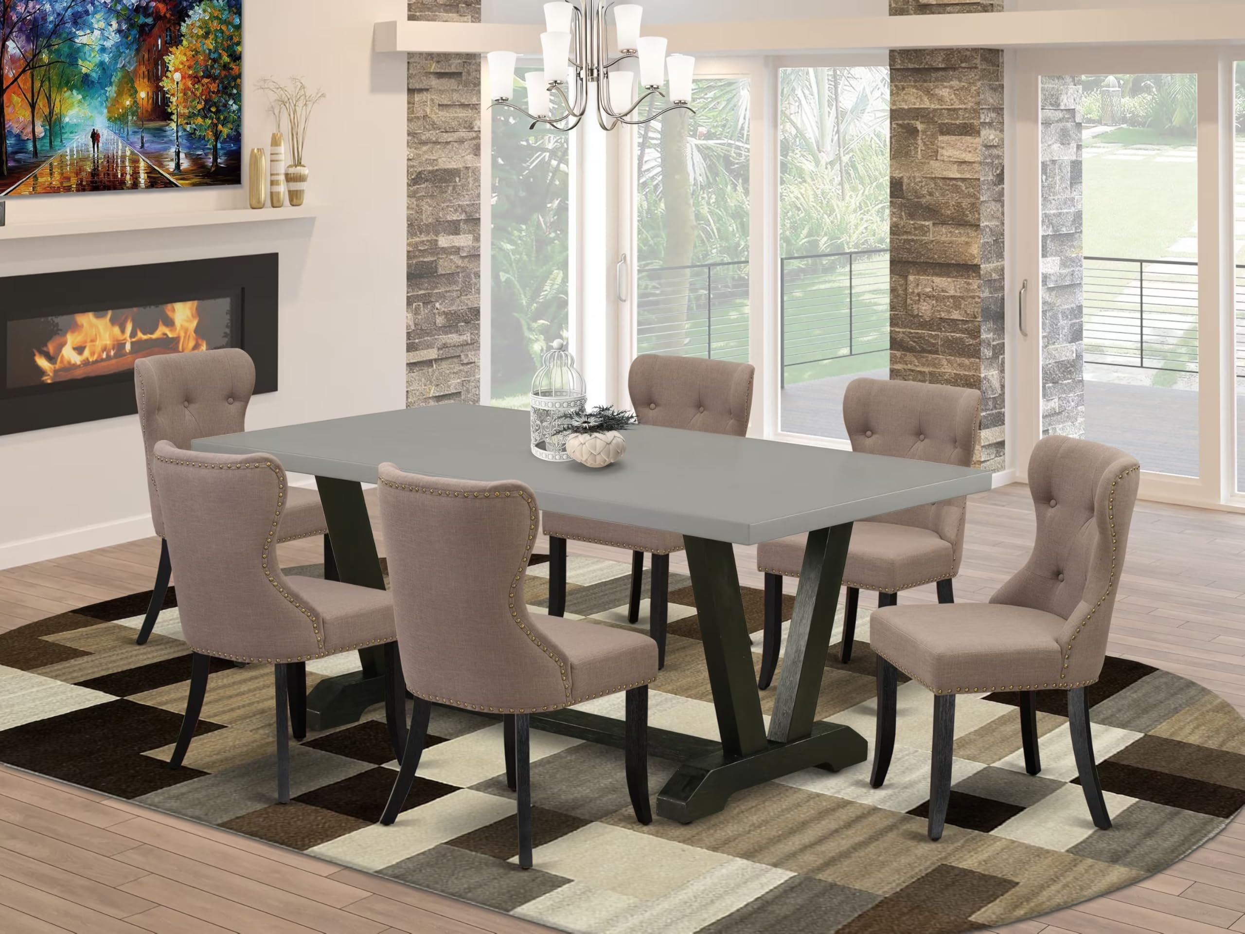 East West Furniture V697Si648-7 7 Piece Dining Room Table Set Consist Of A Rectangle Dining Table With V-Legs And 6 Coffee Linen Fabric Upholstered Chairs, 40X72 Inch, Multi-Color