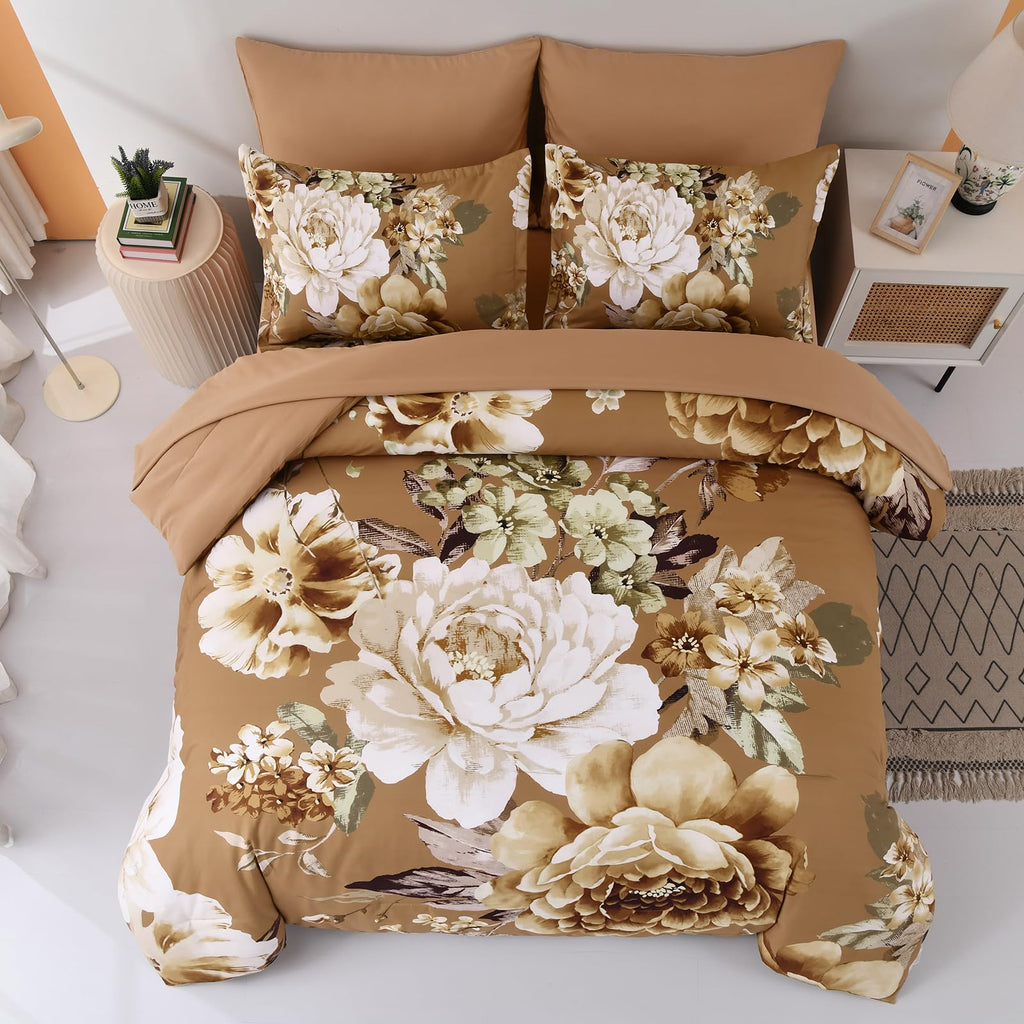 Dintszyayue Floral Comforter Set Queen Size,7 Pieces Brown Flower Pattern Bed In A Bad,Lightweight Bedding Set Microfiber Comfor