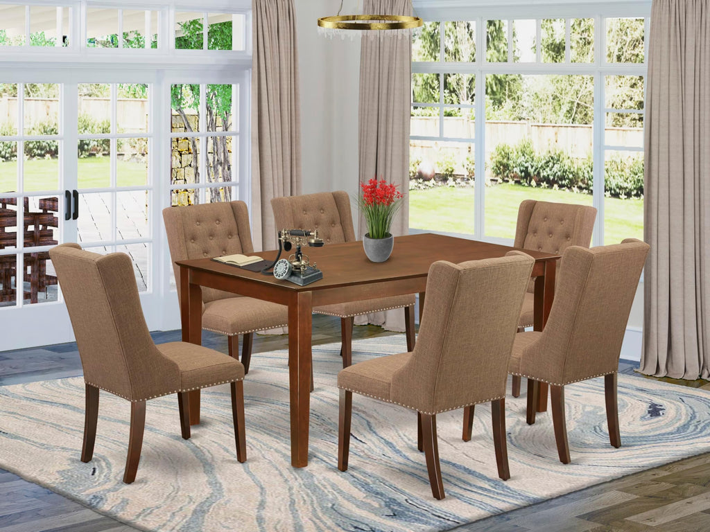 East West Furniture CAFO7-MAH-47 7 Piece Dining Room Table Set Consist of a Rectangle Kitchen Table and 6 Light Sable Linen Fabric Parson Dining Chairs, 36x60 Inch, Mahogany
