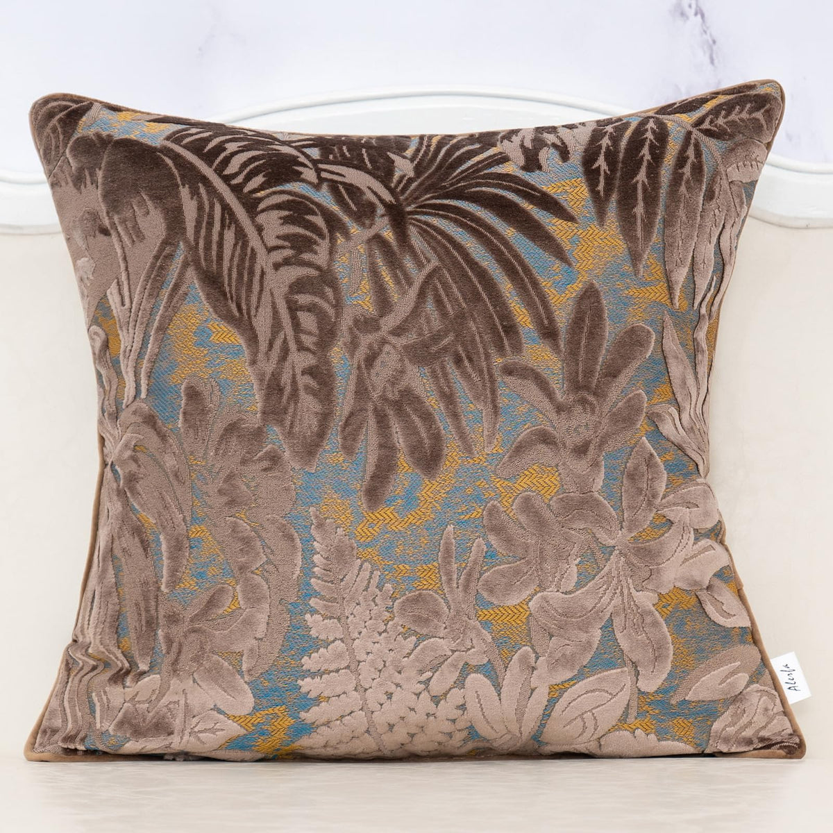 Alerfa Brown Throw Pillow Cover 18X18 Inch, Square Cut Velvet Maple Leaf Embroidery Luxury Farmhosue Accent Decorative Pillow Co