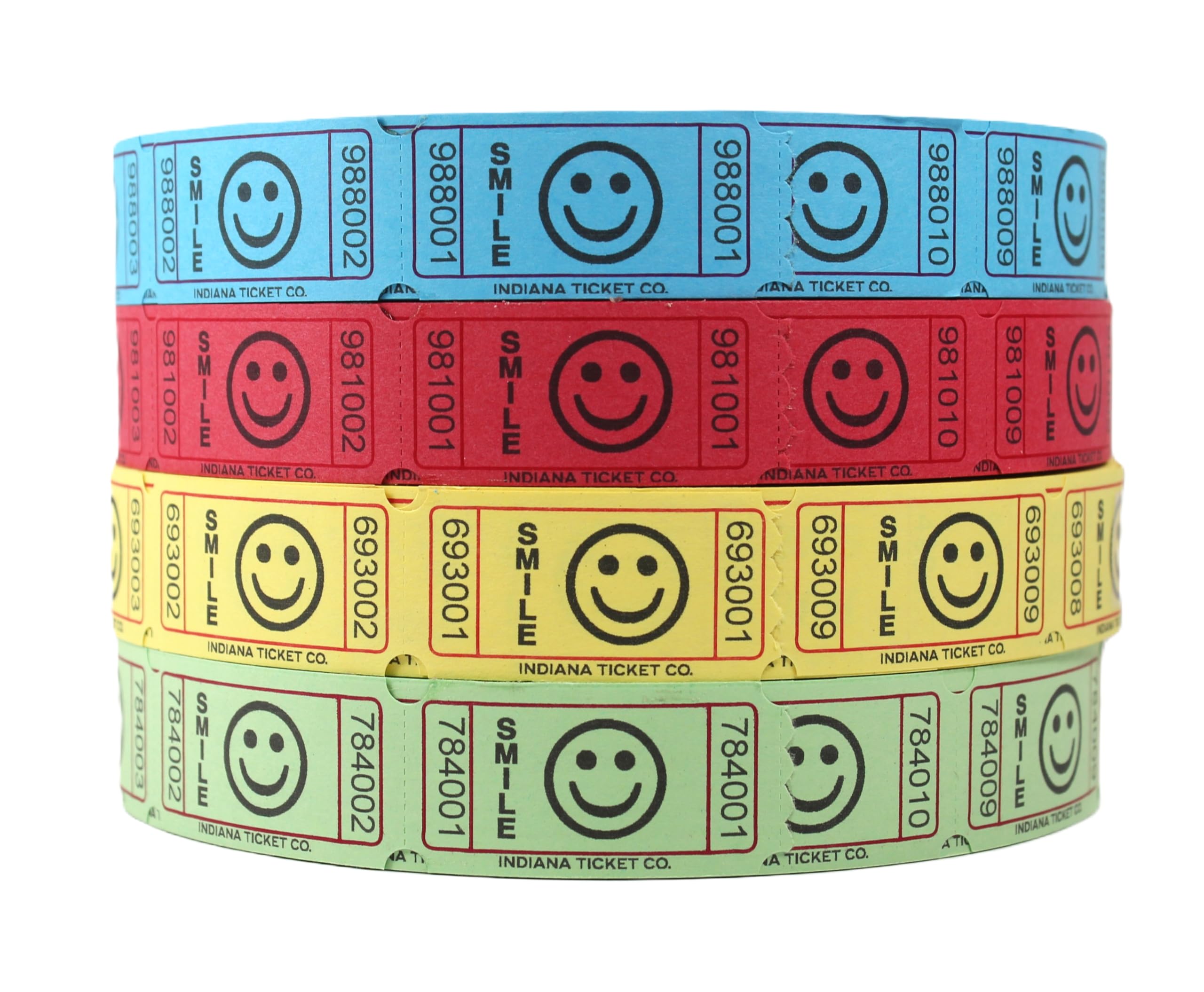 Indiana Ticket Co. Smile 4-Pack Roll Tickets - 2000 Each In Blue, Red, Yellow, & Green (8000 Total) 1X2 For Admission, Events, F