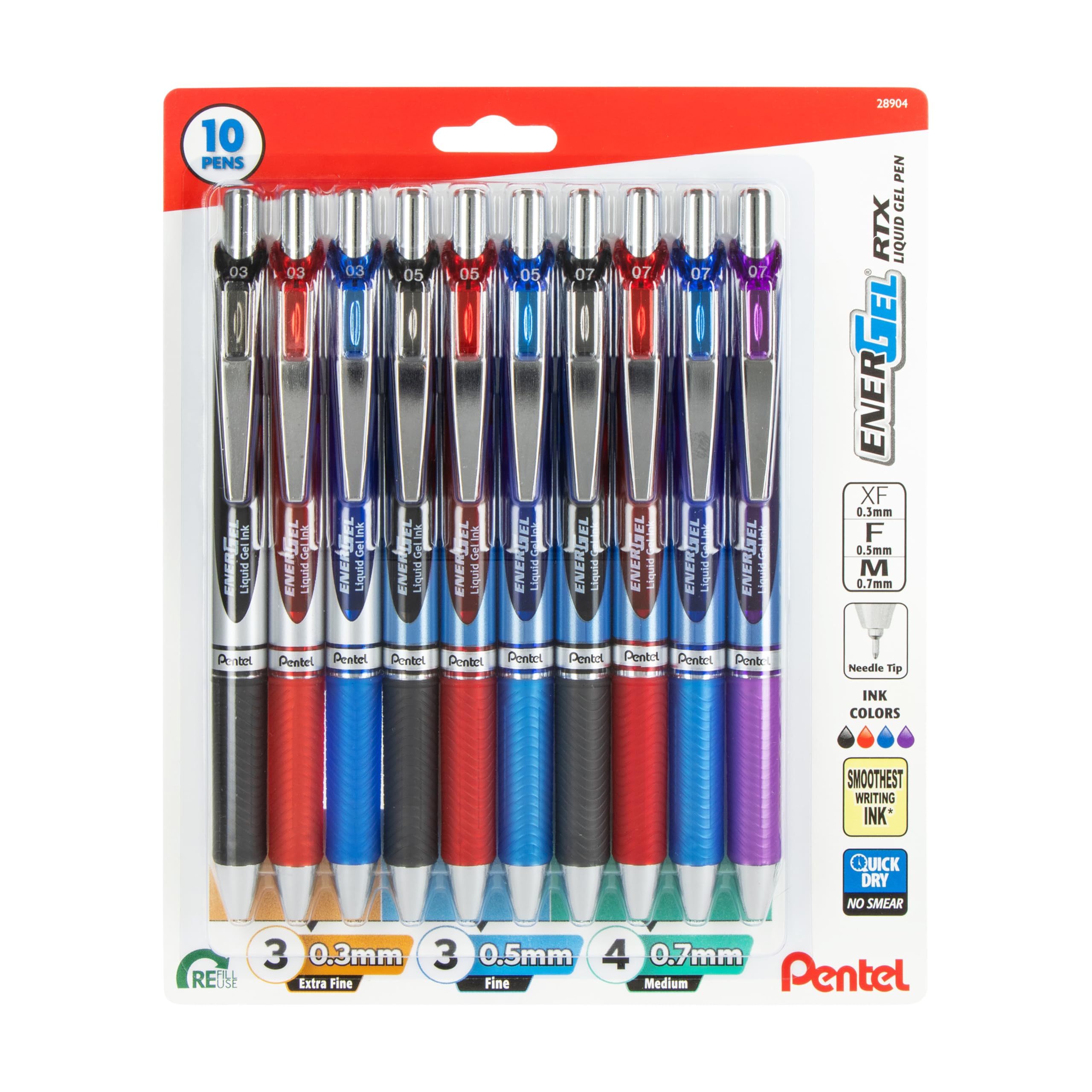 Pentel Energel Sampler, Needle Tip, Tip Sizes 0.3Mm, 0.5Mm And 0.7Mm Included, Assorted Ink Colors, Pack Of 10 Pens