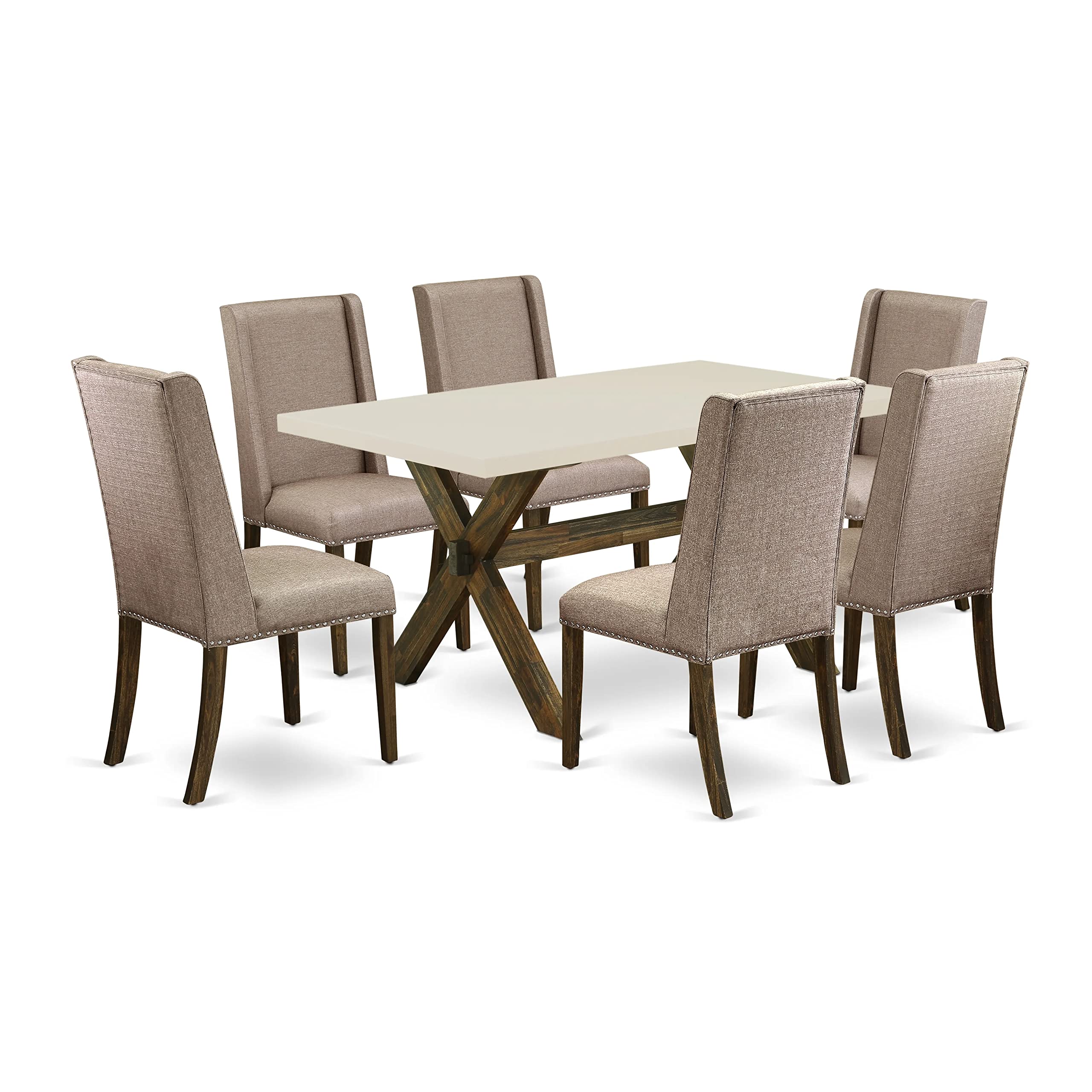 East West Furniture X-Style 7 Piece Room Set Consist Of A Rectangle Dining Table With X-Legs And 6 Dark Khaki Linen Fabric Upholstered Chairs, 36X60 Inch, Multi-Color