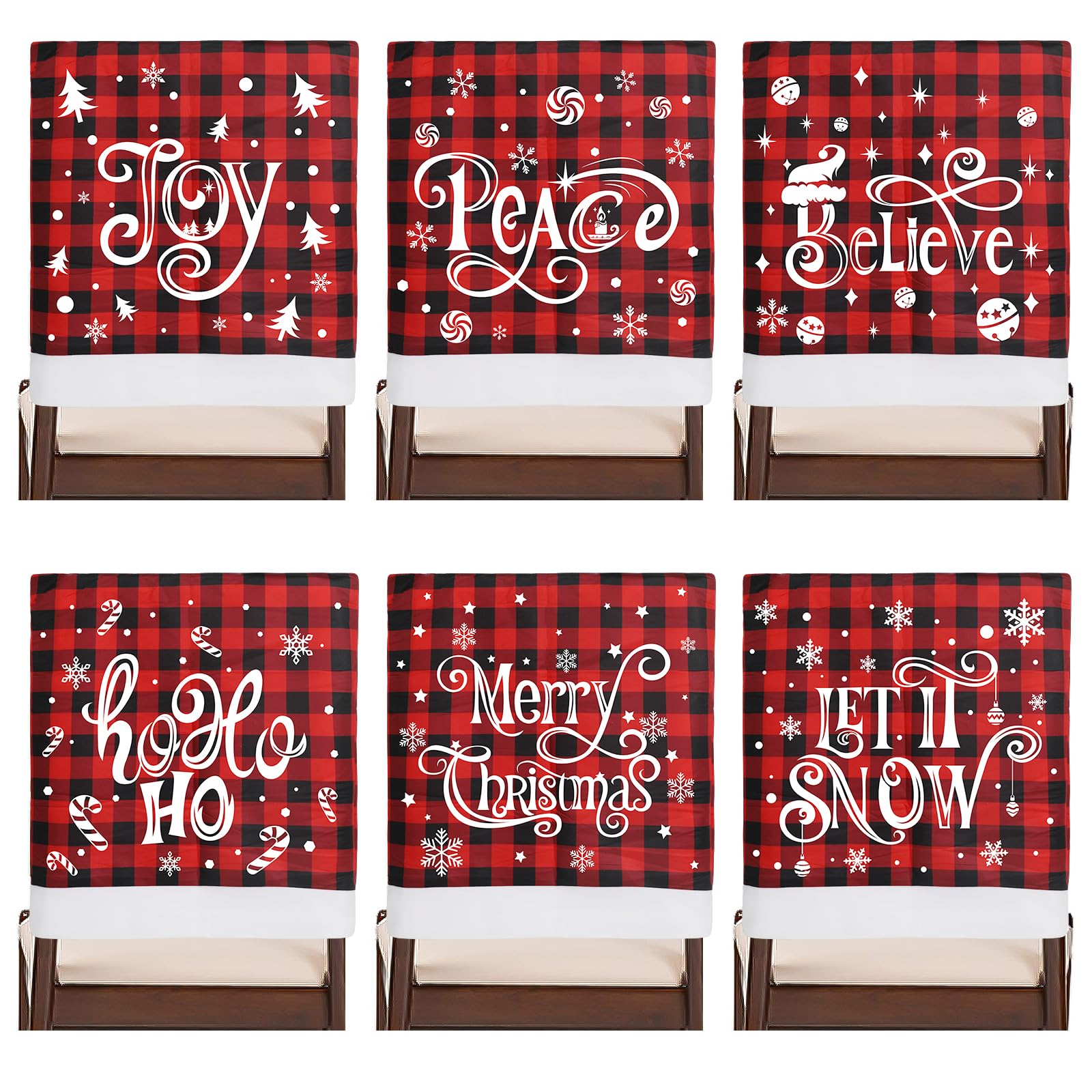 CCINEE 6pcs Christmas Chair Back Covers, Red and Black Buffalo Plaid Chair Slipcovers with Snowflake Xmas Chair Chair Back Cover