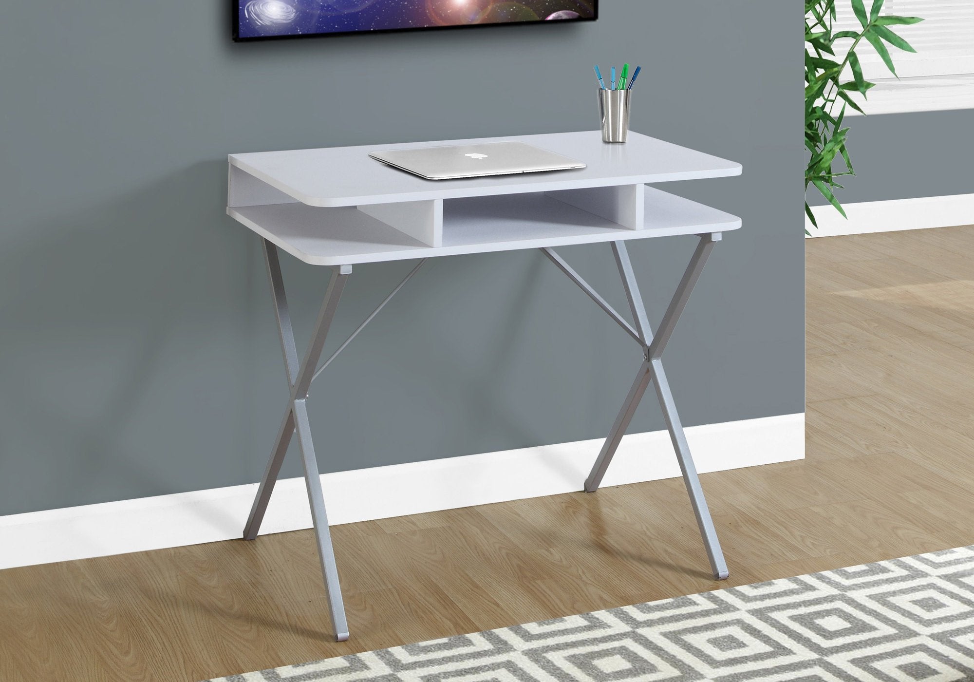 Monarch Specialties I 7100 Computer Desk, Home Office, Laptop, Storage Shelves, 31&quot; L, Work, Metal, Laminate, White, Grey, Contemporary, Modern