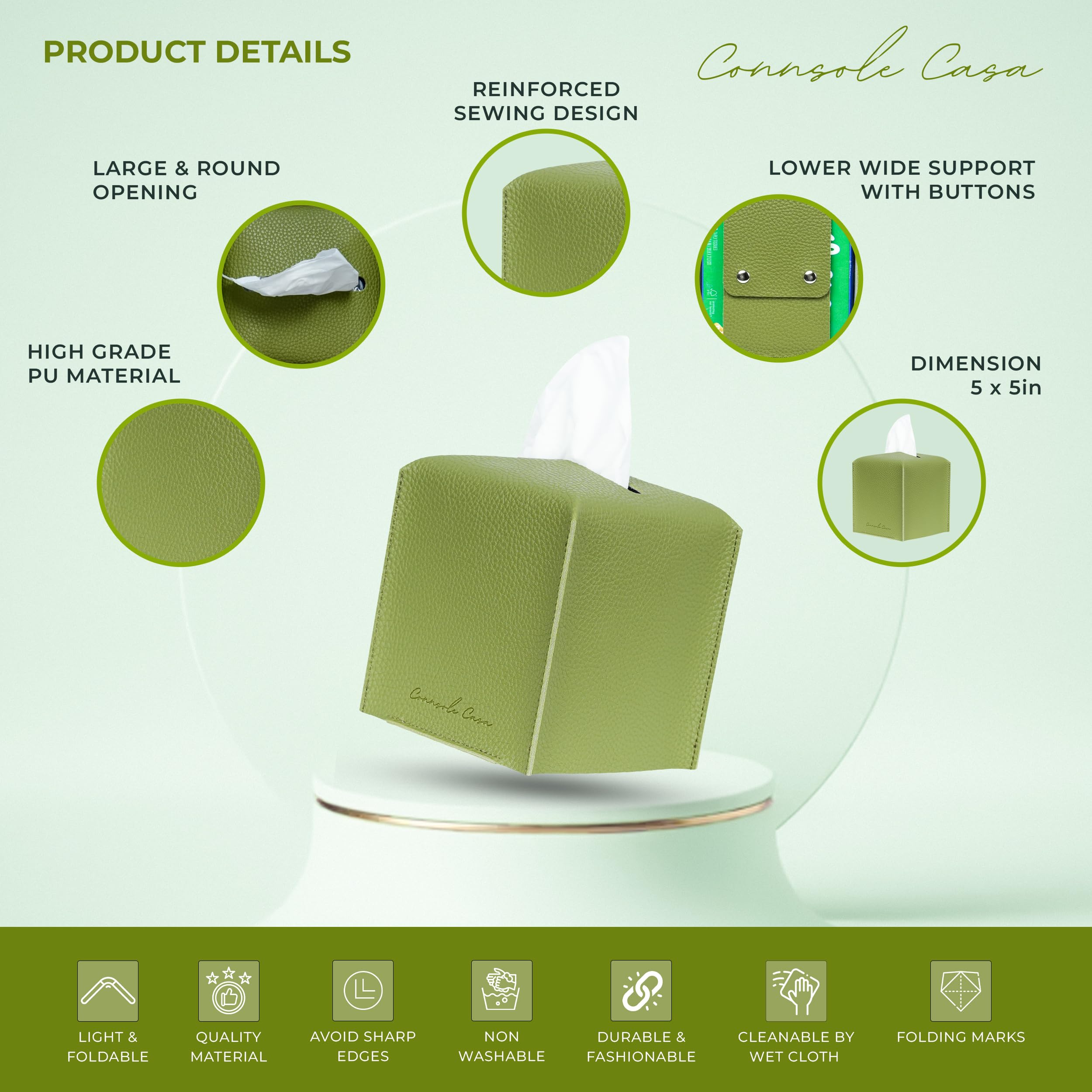 Connsole Casa Premium Pu Leather Tissue Box Holder - Elegant Hotel-Style Green Tissue Box Cover For Enhanced D  Cor Of Home Offi