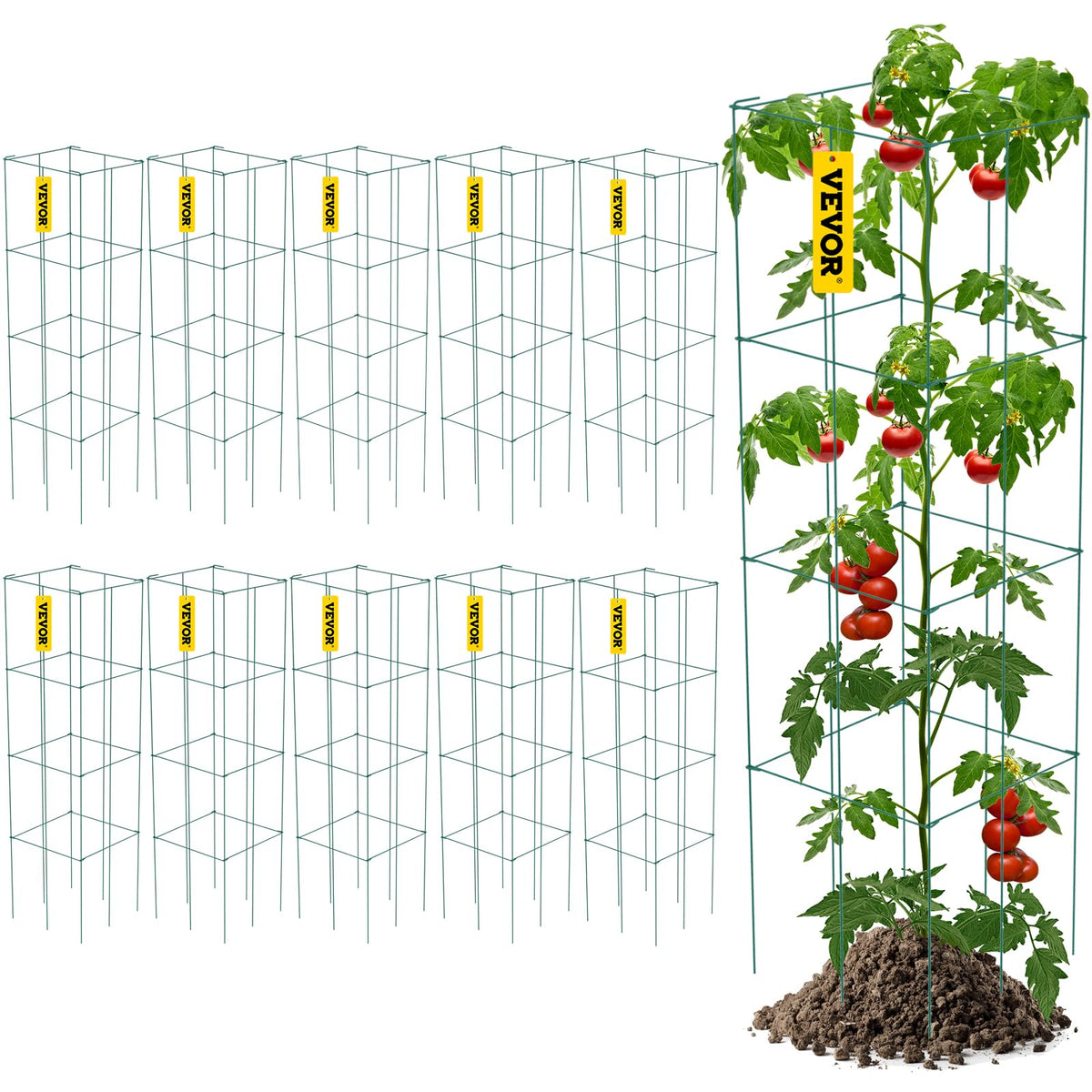 Vevor Tomato Cages, 11.8' X 11.8' X 46.1', 10 Packs Square Plant Support Cages, Green Pvc-Coated Steel Tomato Towers For Clim