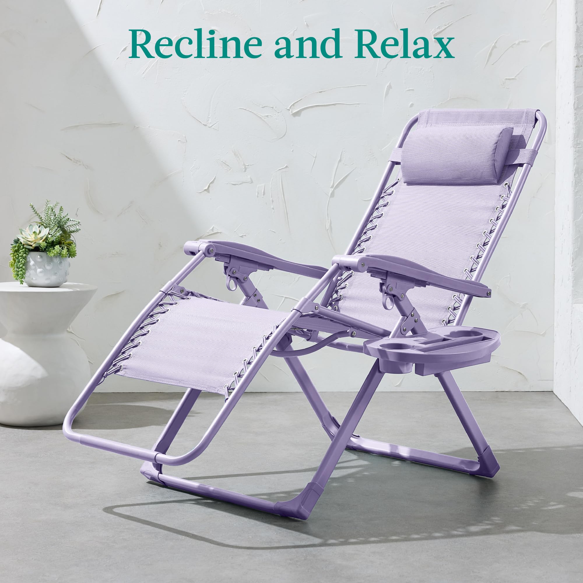 Best Choice Products Adjustable Zero Gravity Chair, Monochromatic Color Folding Patio Recliner W/Side Tray, Headrest - Lavender