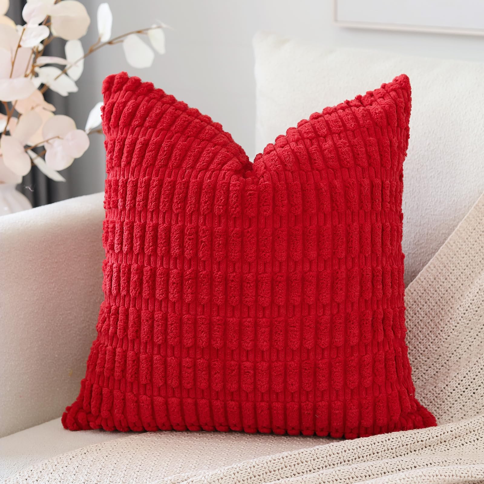 Otostar Corduroy Decorative Throw Pillow Covers 18X18 Inch Super Soft Boho Striped Square Pillow Covers Case Modern Cushion Covers For Sofa Couch Bedroom Car Decor Red