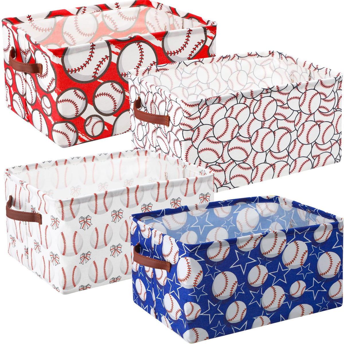 Boao 4 Pack Baseball Storage Baskets for Gifts Empty Collapsible Laundry Storage Bins with Handles Foldable Boxes for Home Bedro