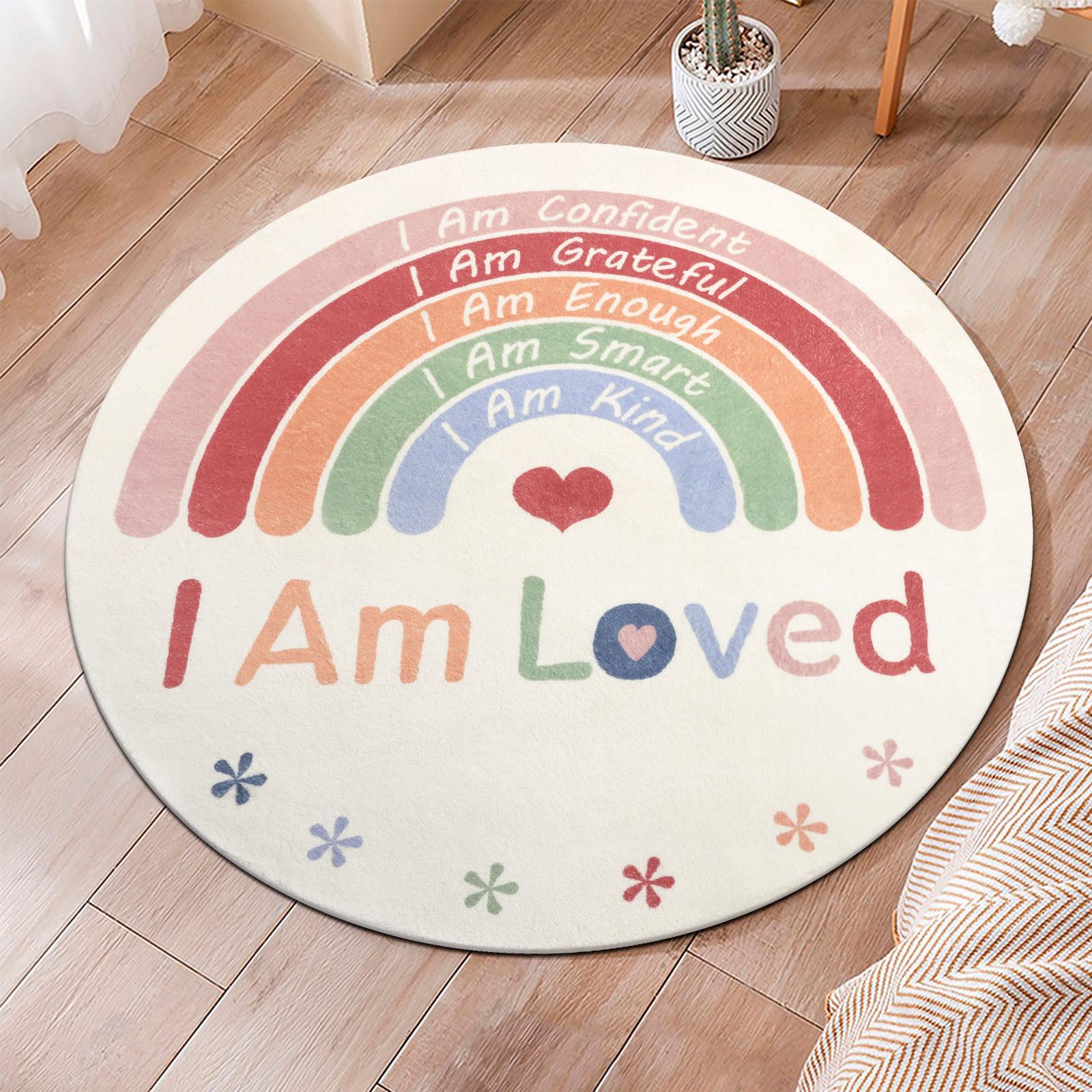 Topotdor Boho Rainbow Round Rug,Washable Kids Rug Ultra Soft Colorful Nursery Rug For Calming Corner Home Bedroom Playroom Decor