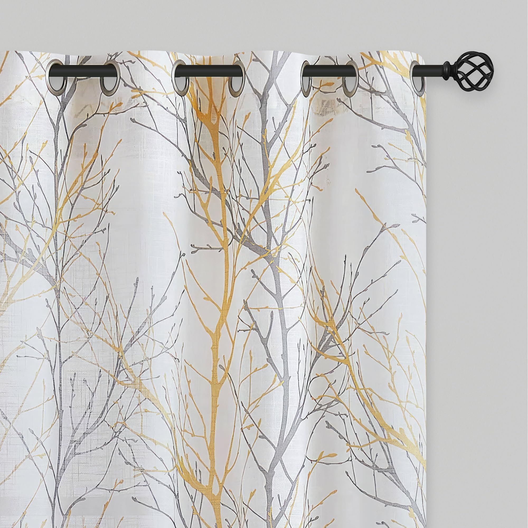 FMFUNCTEX Linen Semi Sheer Curtains for Bedroom, Yellow White Curtains 84 Inches Long for Living Room, Grey Tree Branch Print Cu
