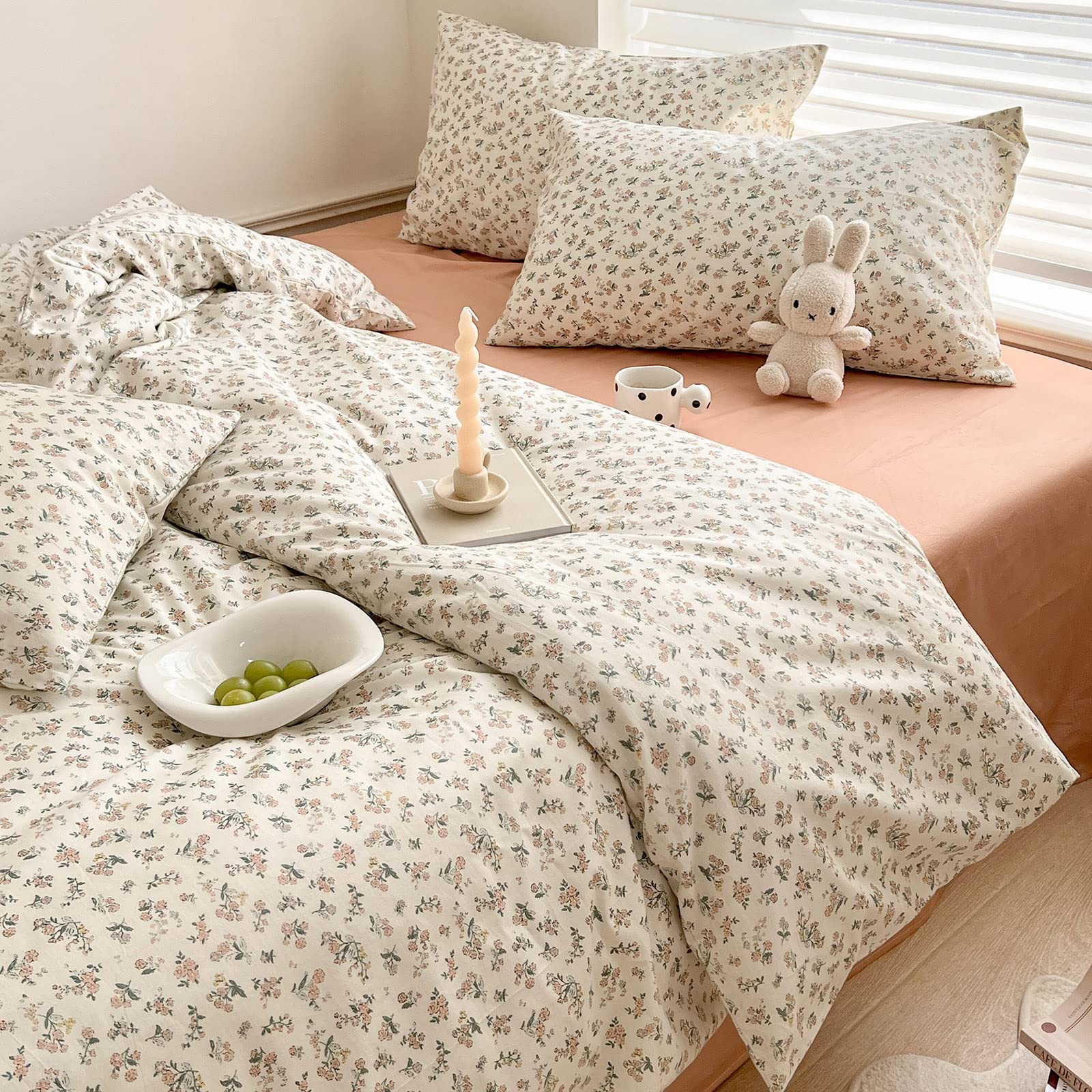 Aesthetic Floral Duvet Cover King Cozy Boho Pink Floral Cotton Bedding Set King French Style Vintage Botanical Duvet Cover Off W