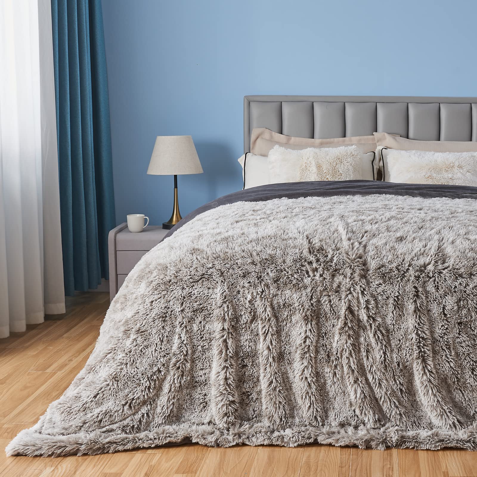 Gonaap Fuzzy Faux Fur Throw Blanket Queen Size Frosty Grey Super Soft Cozy Plush Fuzzy Shaggy Blanket For Couch Sofa Bed (Frosty