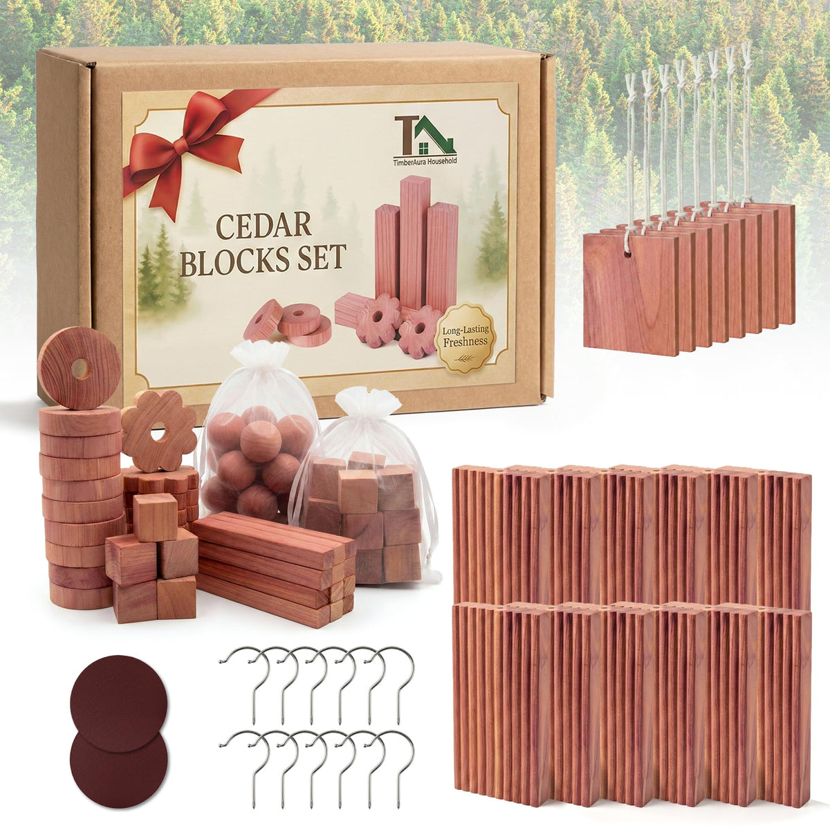 TimberAura Cedar Blocks for Clothes Storage, Natural Cedar Wood Sachets, Balls & Rings for Closets and Drawers, 100% Natural & F