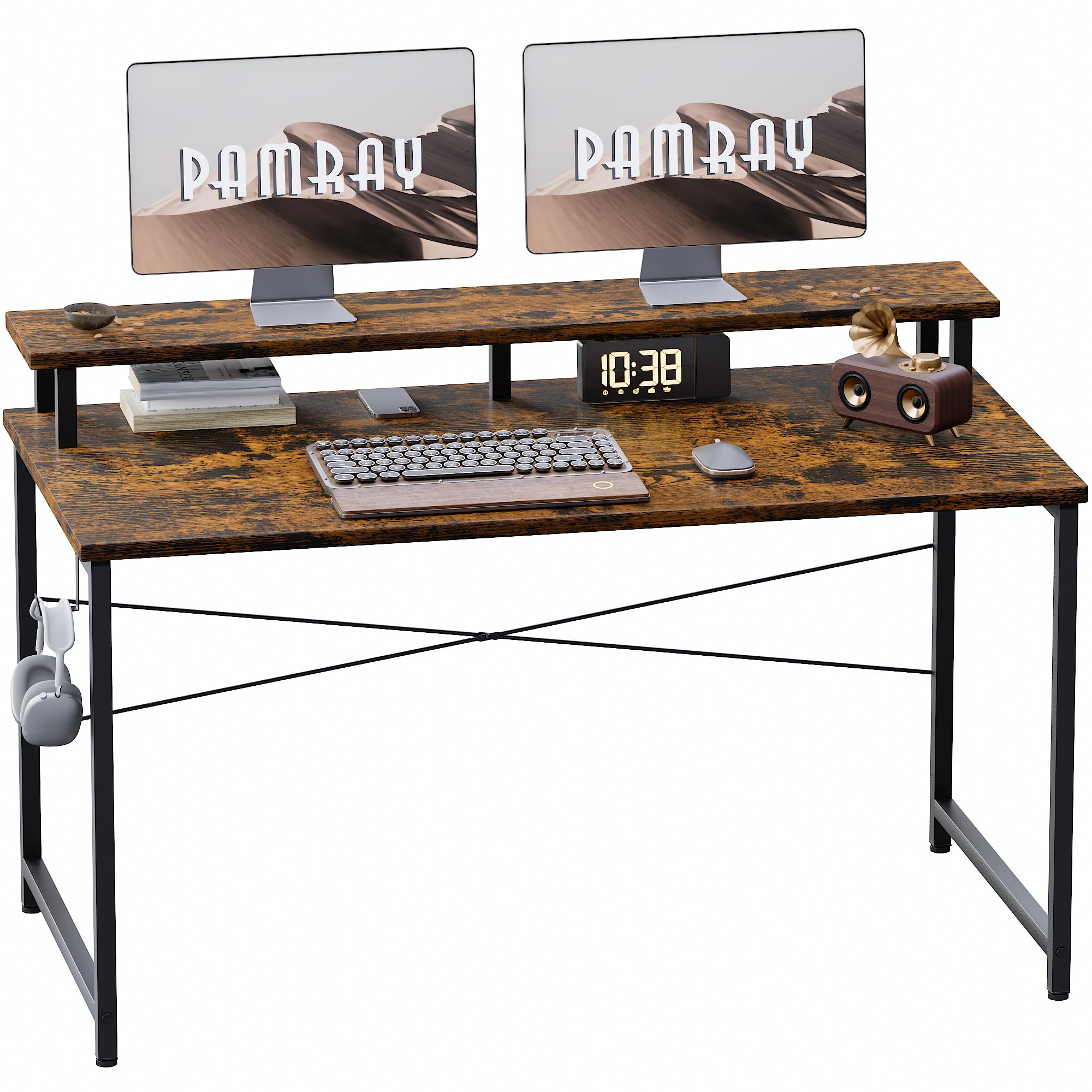 Pamray 47 Inch Small Computer Desk with Monitor Stand, Simple Office Desk with Headphone Hook for Small Spaces, Kids Study Writi