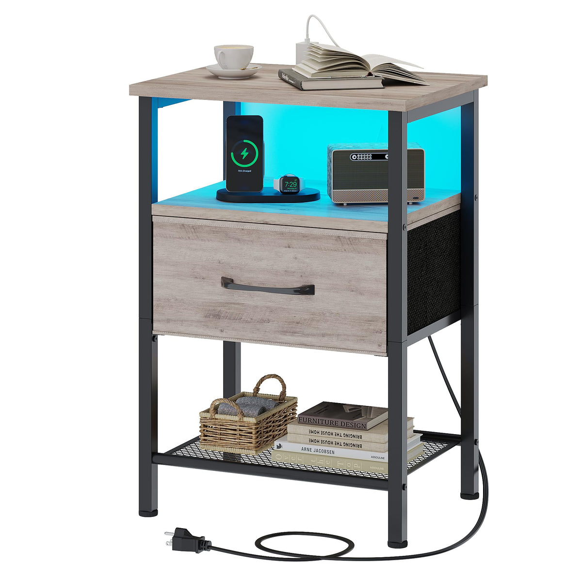Trifeble Night Stand, End Table With Charging Station, Led Bedside Table With Fabric Drawer For Bedroom, 3-Tier Side Table With
