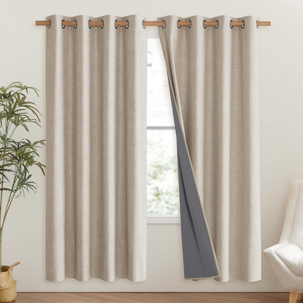 Nicetown Oatmeal Bedroom Full Blackout Linen Curtain Panels Set Of 2, 52' By 72', Thick Insulated Classic Grommet Blackout Draperies With White Thermal Insulated Liner For Windows