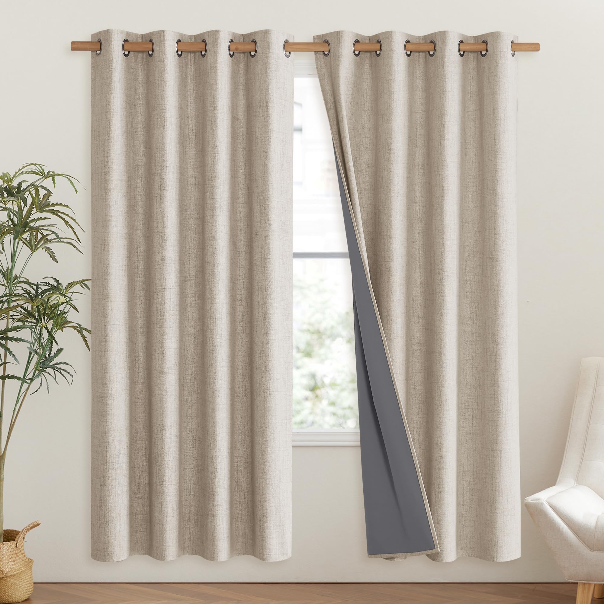 Nicetown Oatmeal Bedroom Full Blackout Linen Curtain Panels Set Of 2, 52' By 72', Thick Insulated Classic Grommet Blackout Draperies With White Thermal Insulated Liner For Windows