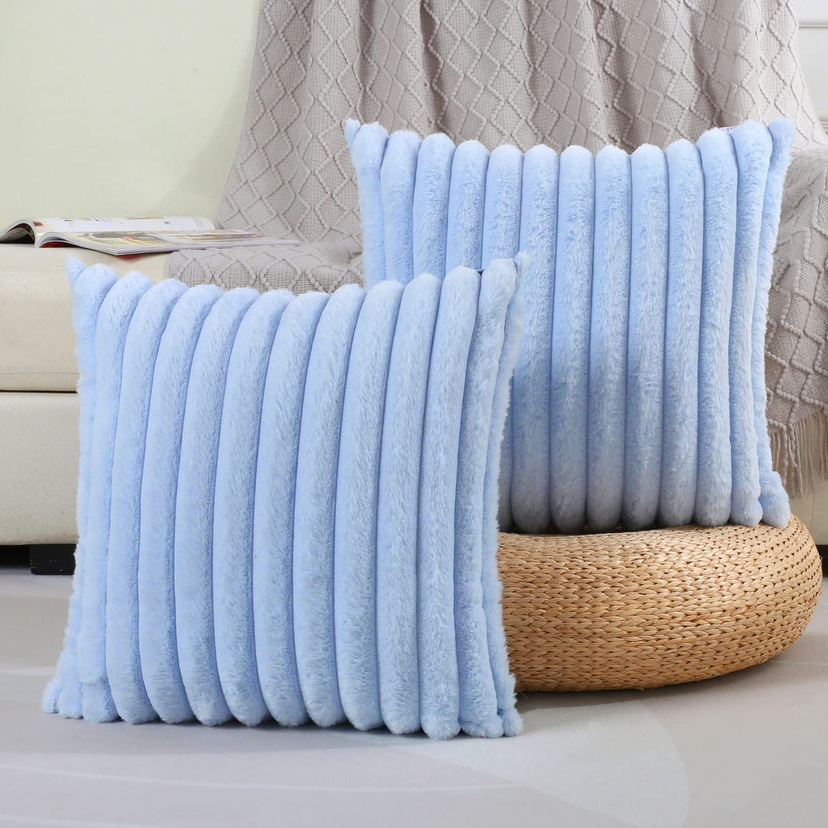 Futei Light Blue Striped Decorative Throw Pillow Covers 22X22 Inch Set Of 2,Square Spring Decorations Couch Pillow Case,Soft Coz