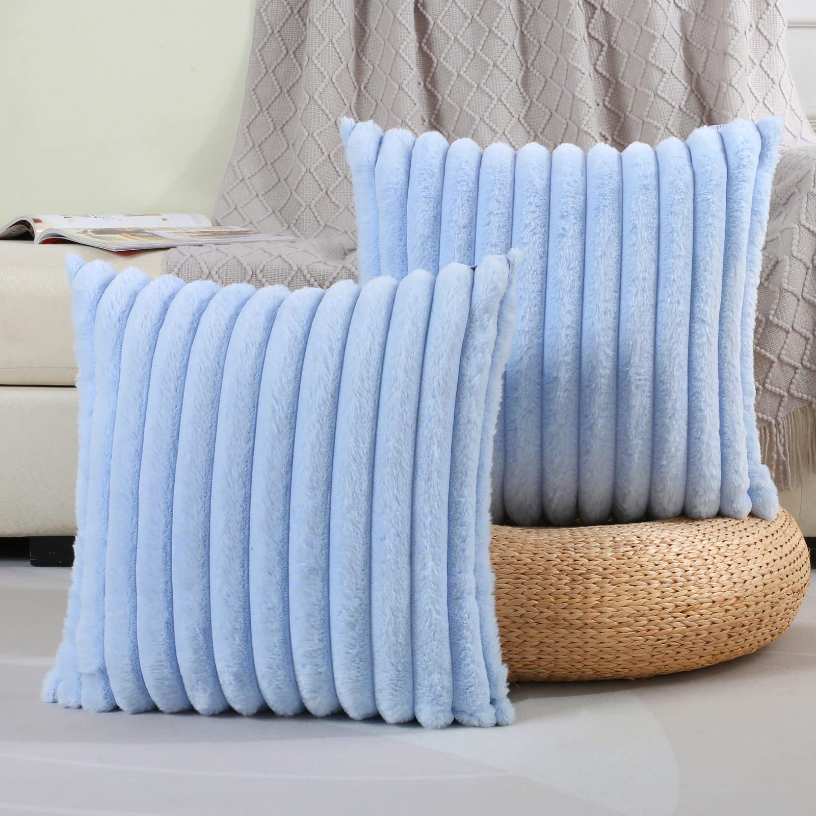Futei Light Blue Striped Decorative Throw Pillow Covers 24X24 Inch Set Of 2,Square Spring Decorations Couch Euro Pillow Case,Sof