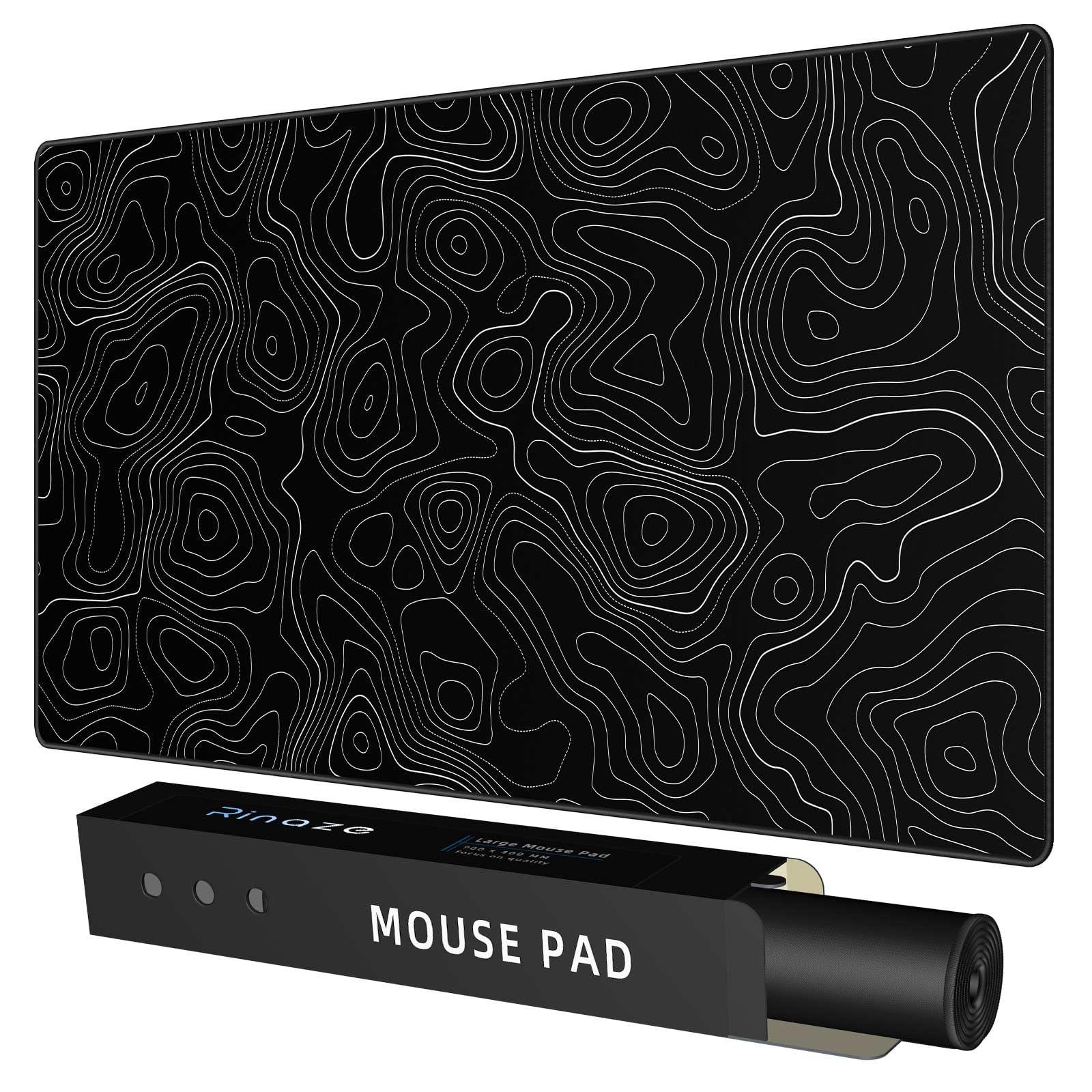 Rinaze Extra Large Gaming Mouse Pad With Black Topographic, Xxl Mousepad, Big Mouse Mat Desk Pad, Non Slip Keyboard Pad For Gami
